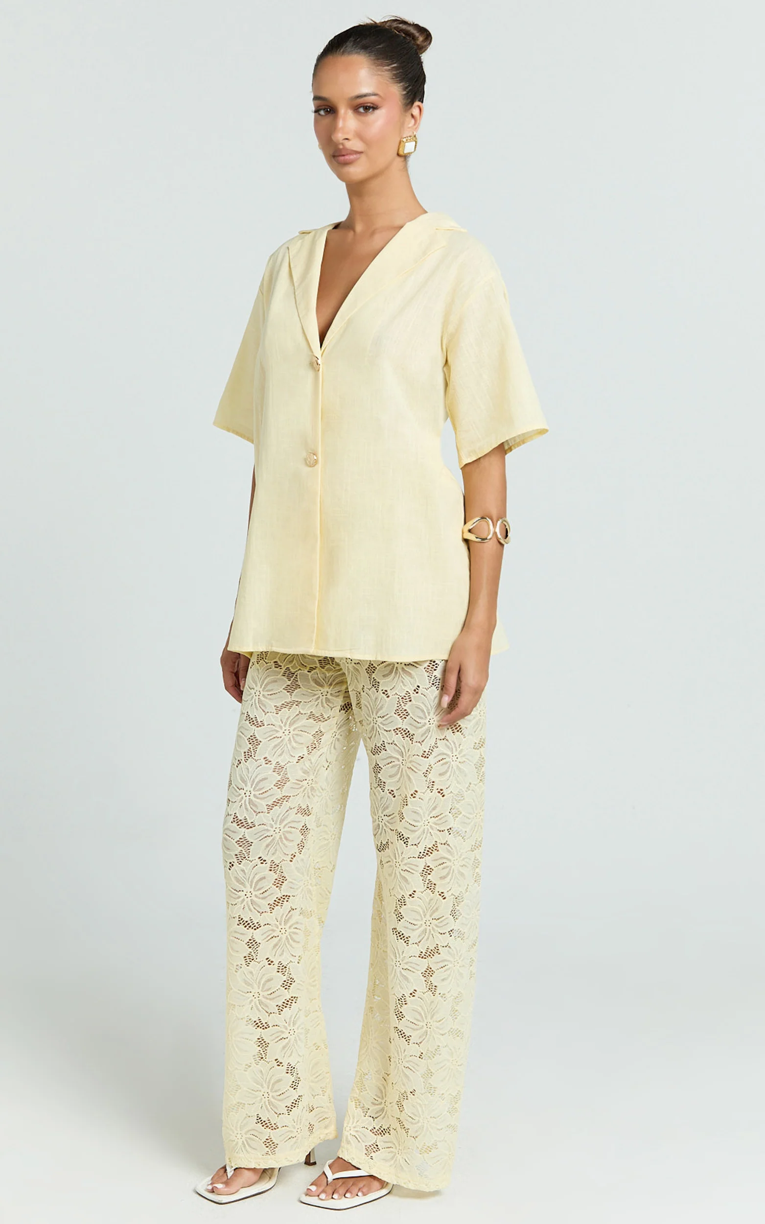 Jemma Two Piece Set - Relaxed Shirt and Lace Pants Set in Butter Yellow - Image 4