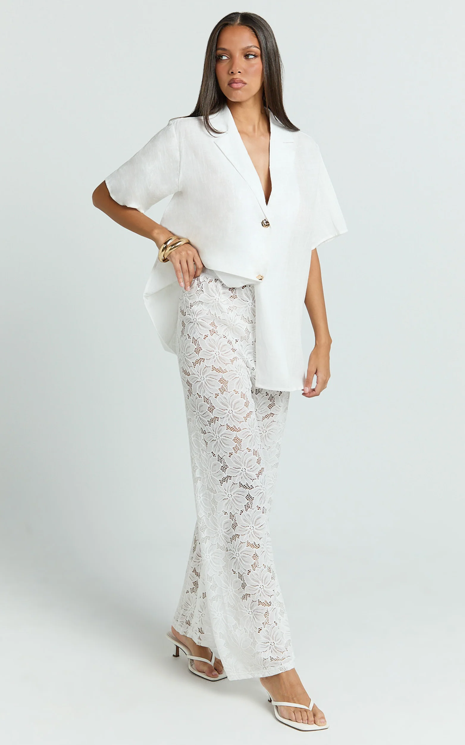 Jemma Two Piece Set - Relaxed Shirt and Lace Pants Set in White - Image 2