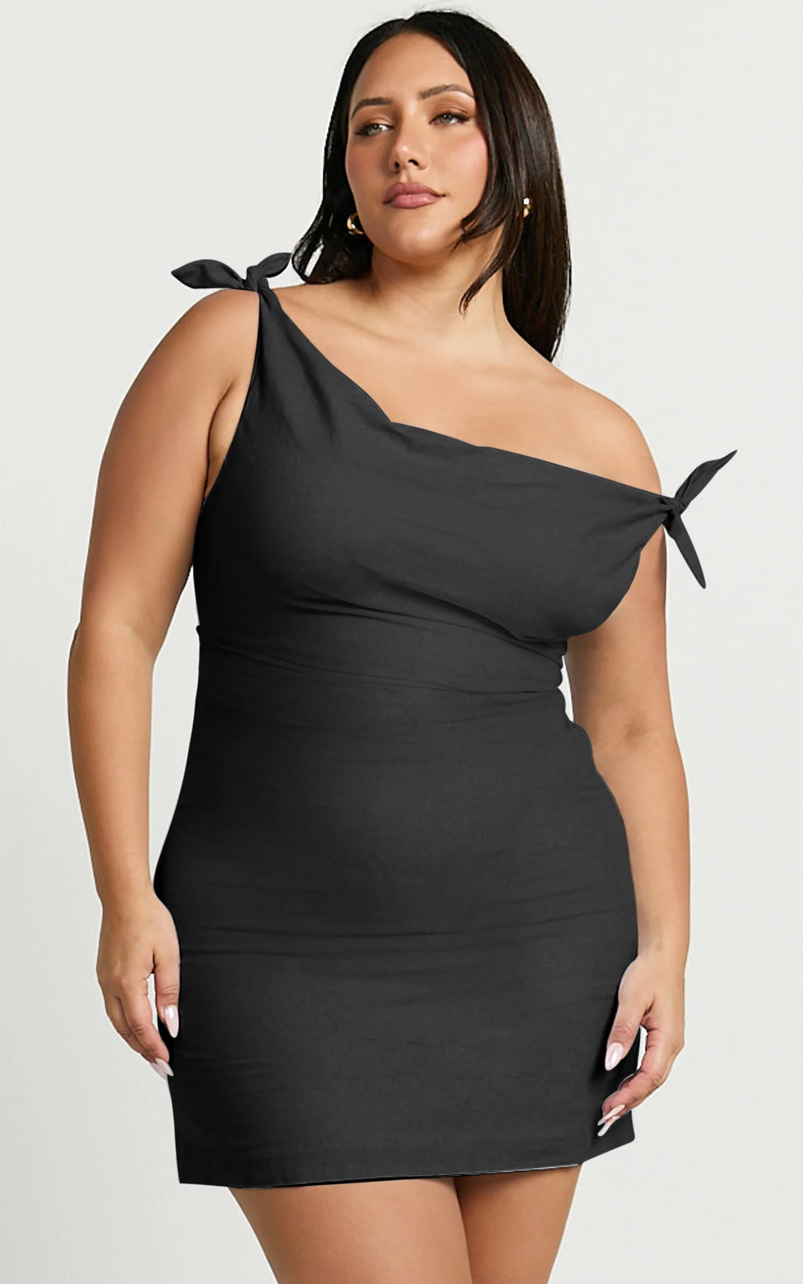 Jeofina Mini Dress - Off The Shoulder Linen Look Dress in Black - Image 4