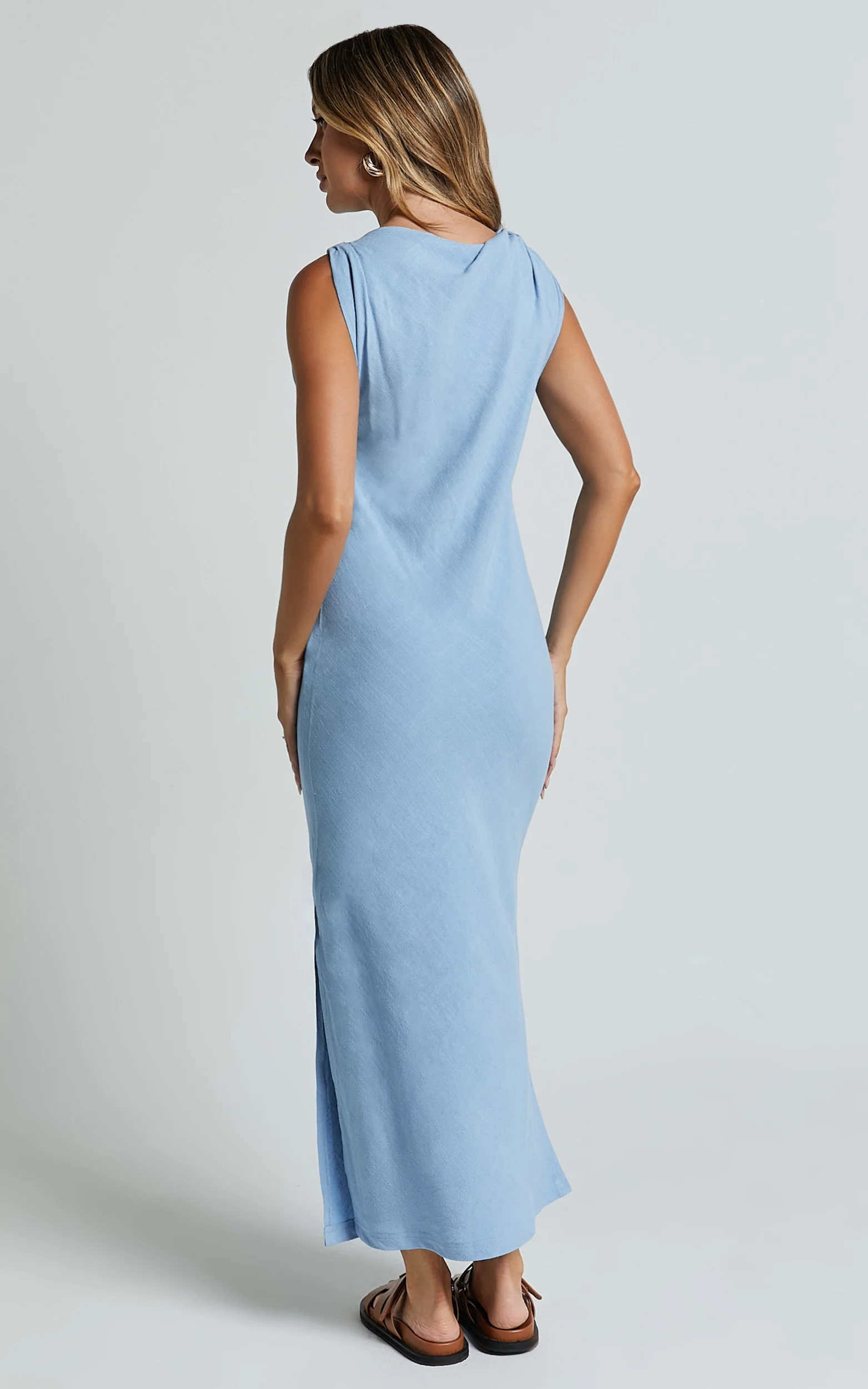 Jessenia Midi Dress - Linen High Neck Dress in Blue - Image 8