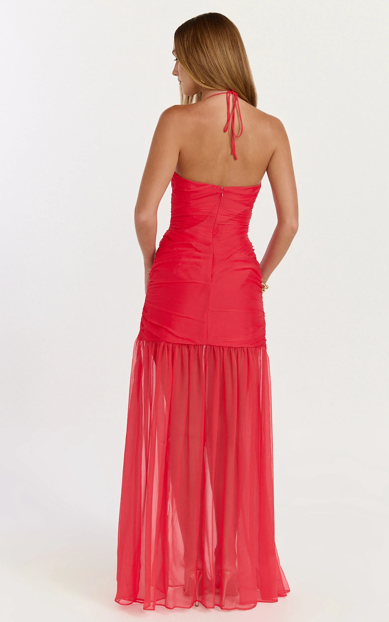 Jett Maxi Dress - Halter Tie Ruched Bodice Side Split Dress in Red - Image 5