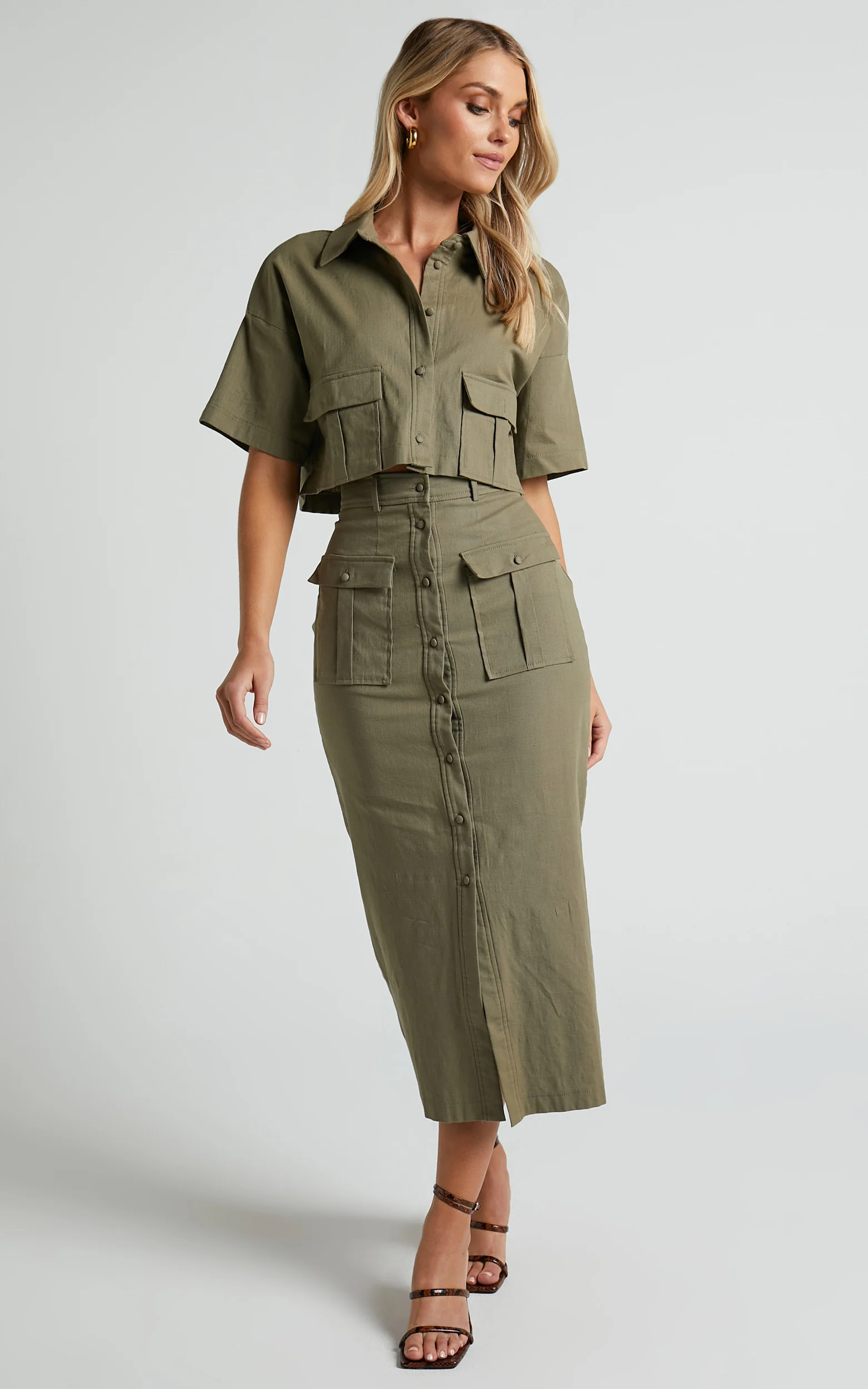 Davina Two Piece Set - Button Front Top and Midi Skirt Set in Khaki - Image 3