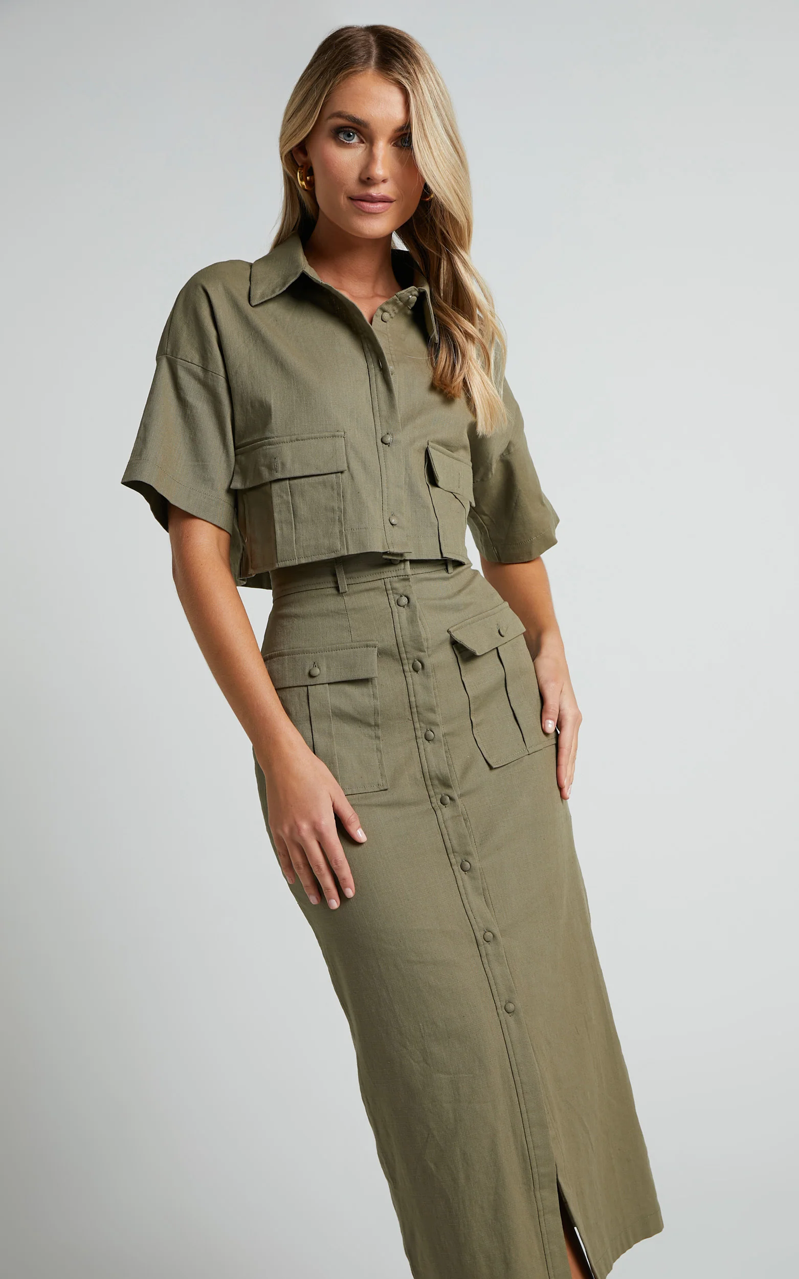 Davina Two Piece Set - Button Front Top and Midi Skirt Set in Khaki - Image 5