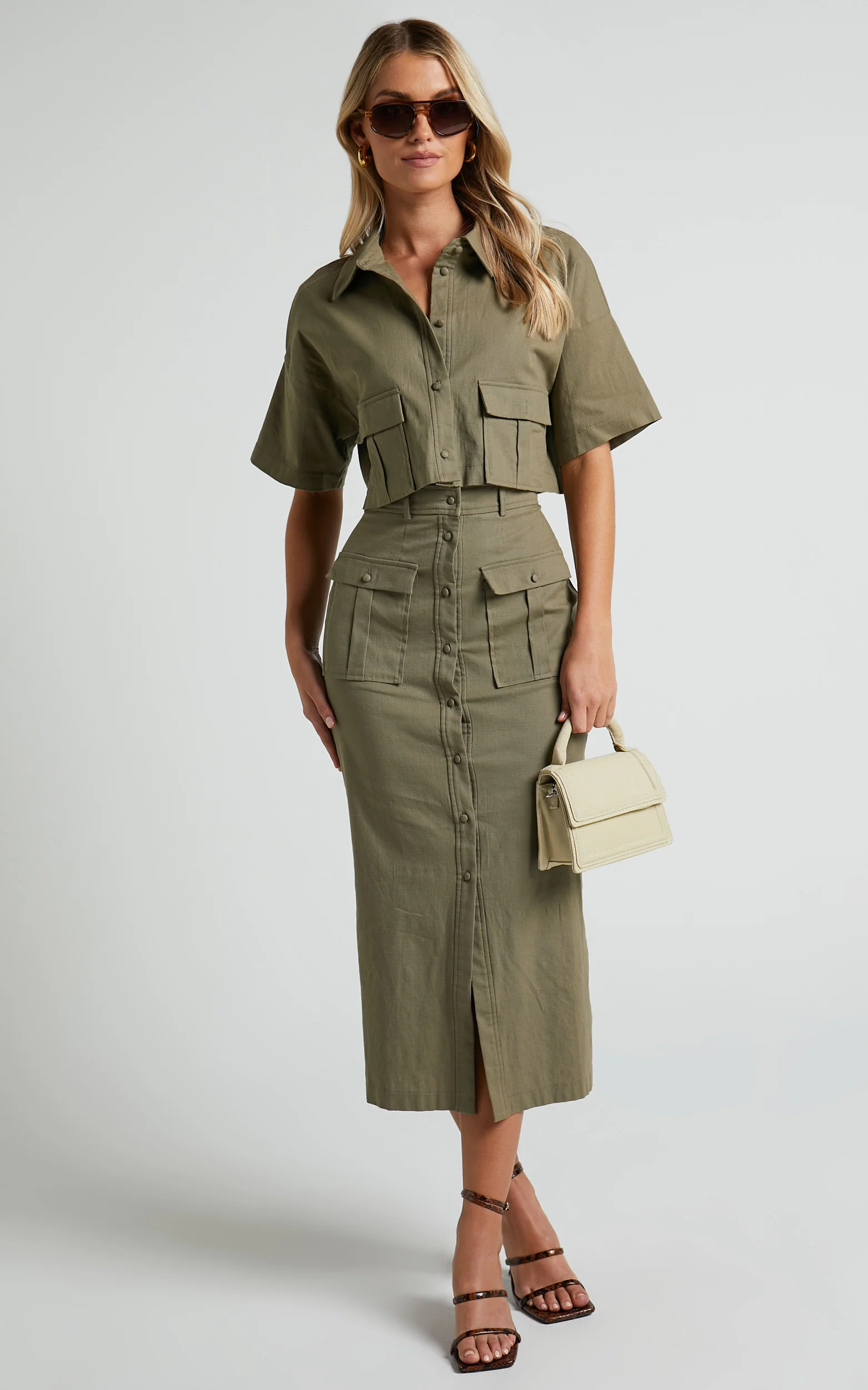 Davina Two Piece Set - Button Front Top and Midi Skirt Set in Khaki - Image 6