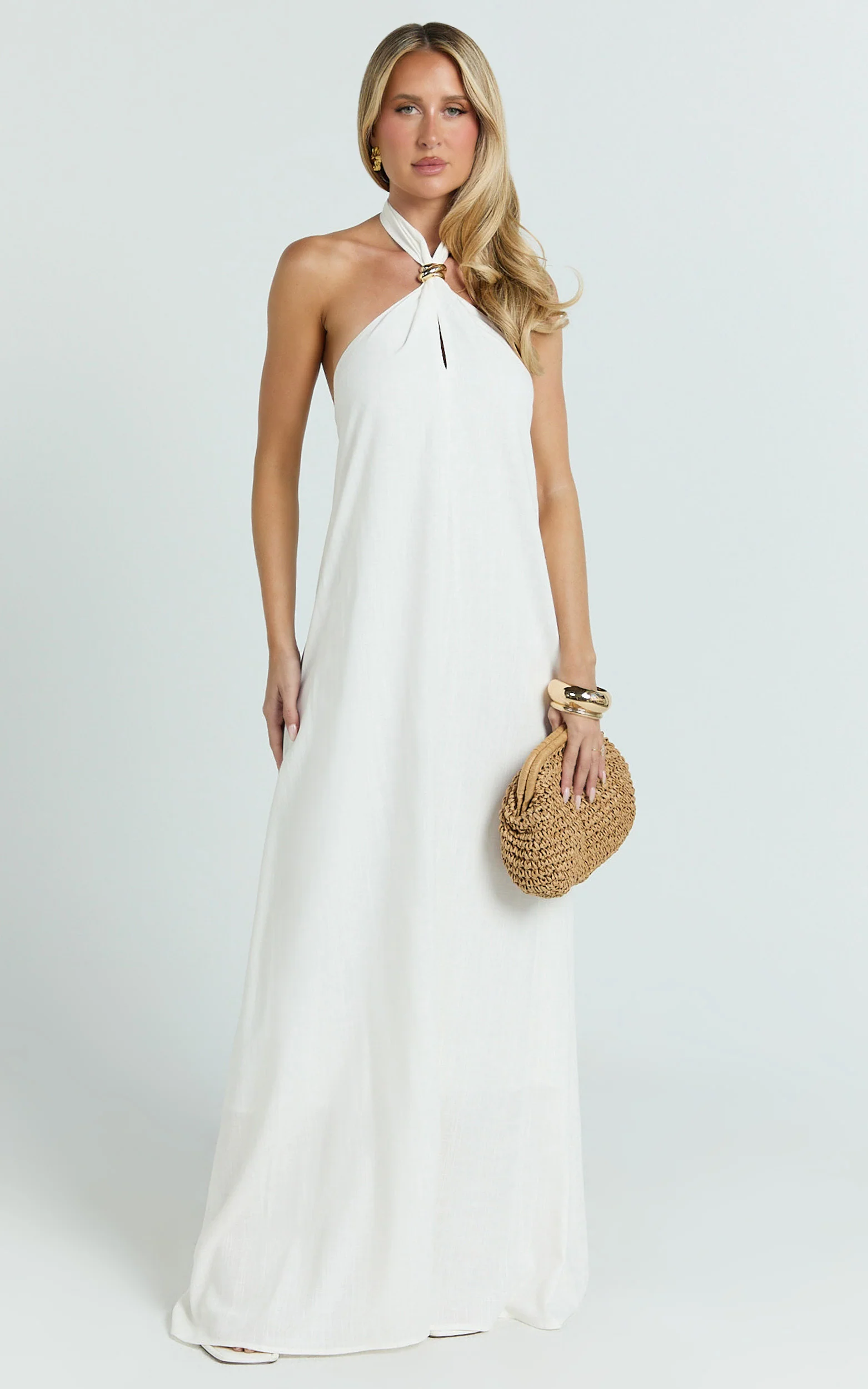 Jhazmine Maxi Dress - Halterneck Linen Gold Trim Dress in Off White - Image 3
