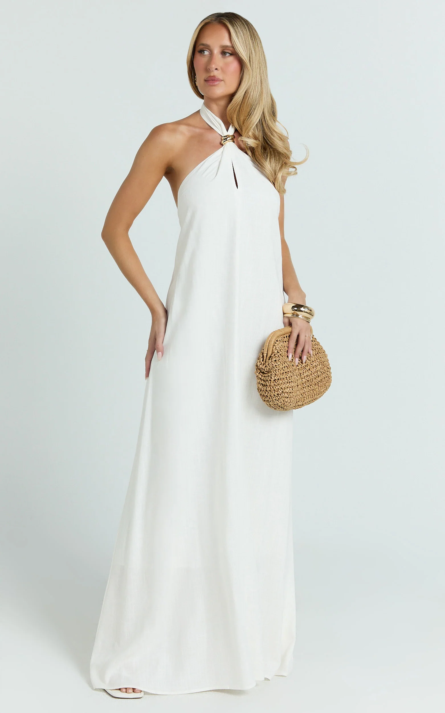 Jhazmine Maxi Dress - Halterneck Linen Gold Trim Dress in Off White - Image 4