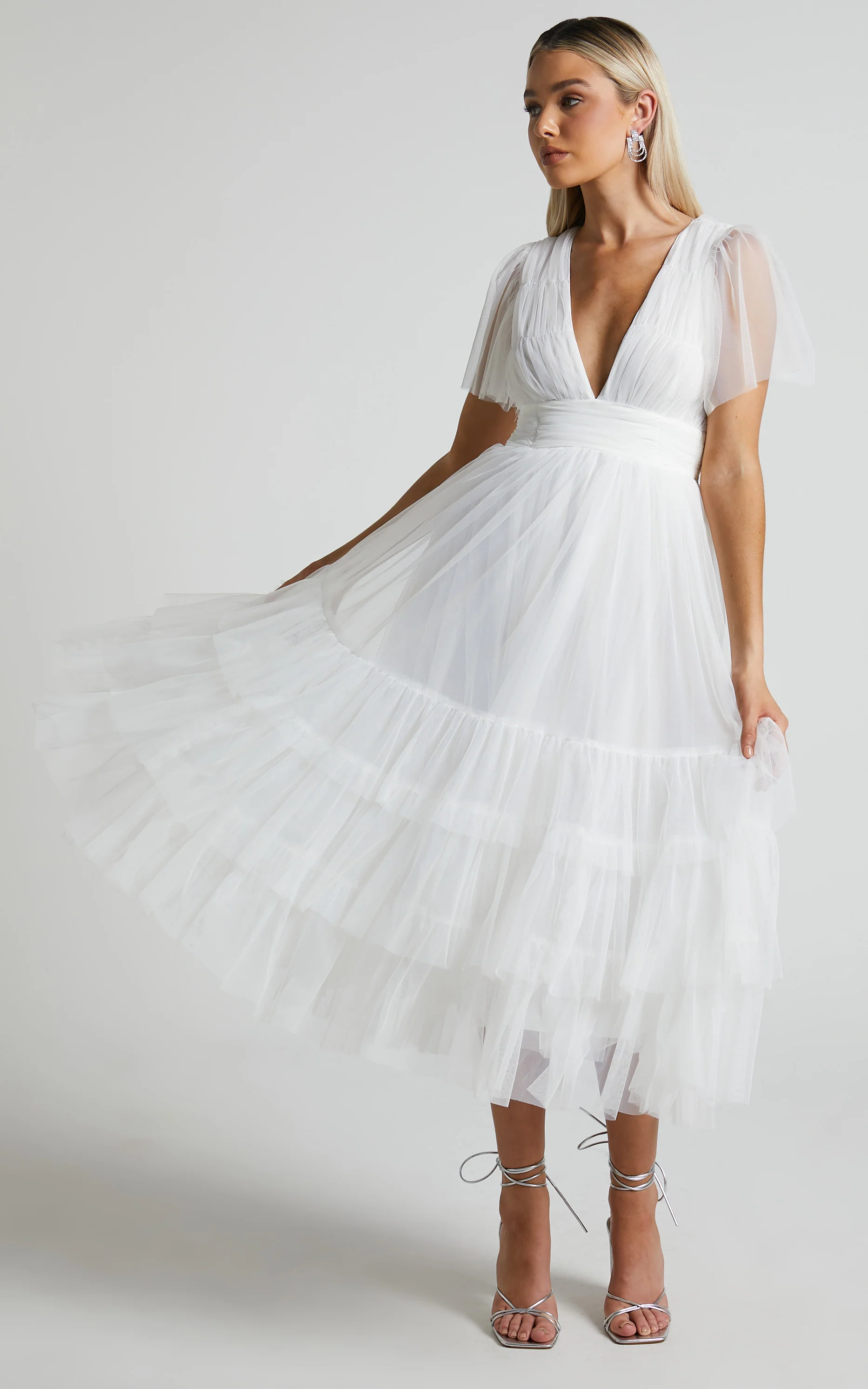 Jiraye Midi Dress - Flutter Sleeve Tuelle Plunge Dress in White - Image 5