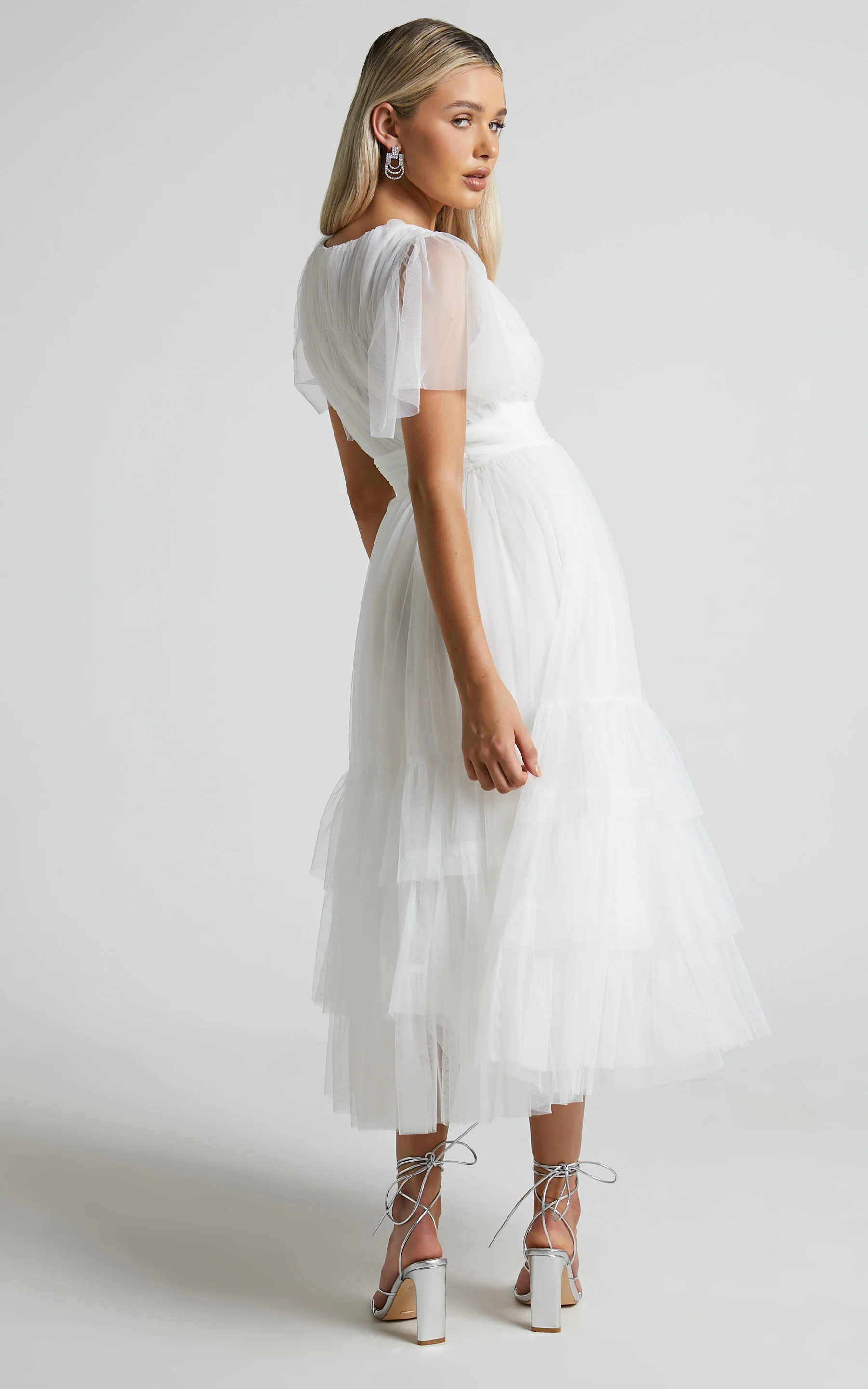 Jiraye Midi Dress - Flutter Sleeve Tuelle Plunge Dress in White - Image 7