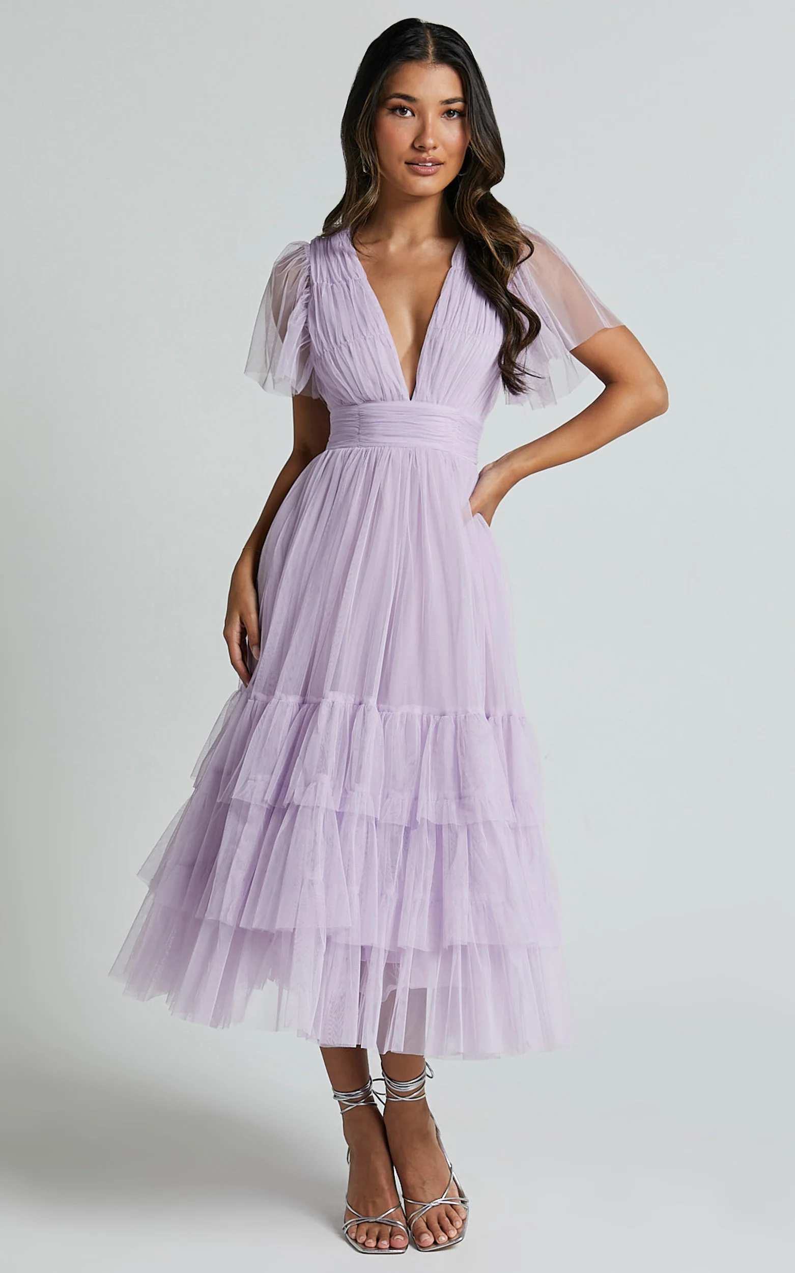 Jiraye Midi Dress - Flutter Sleeve Tuelle Plunge Dress in Lilac - Image 2