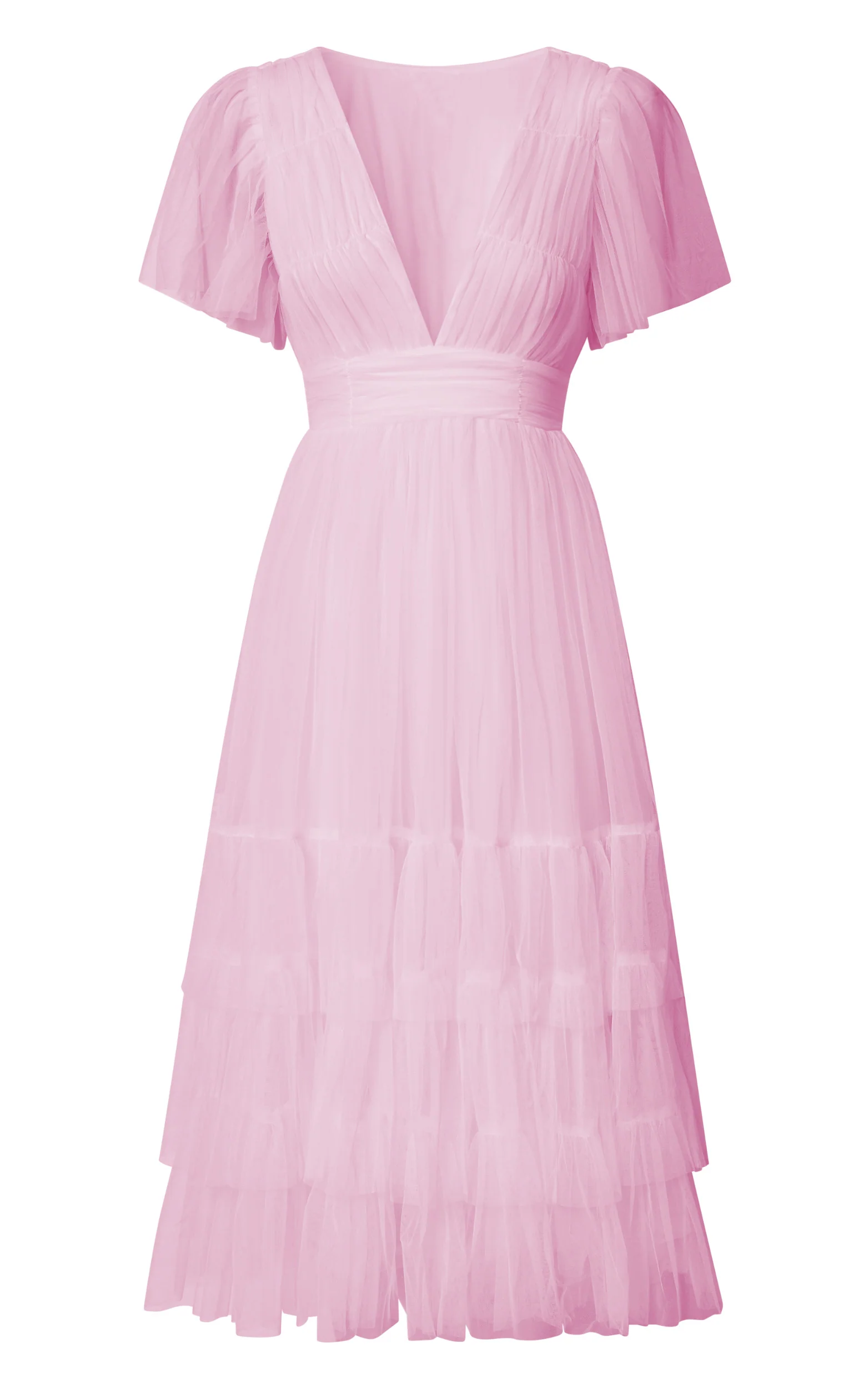 Jiraye Midi Dress - Flutter Sleeve Tuelle Plunge Dress in Ballet Pink - Image 12