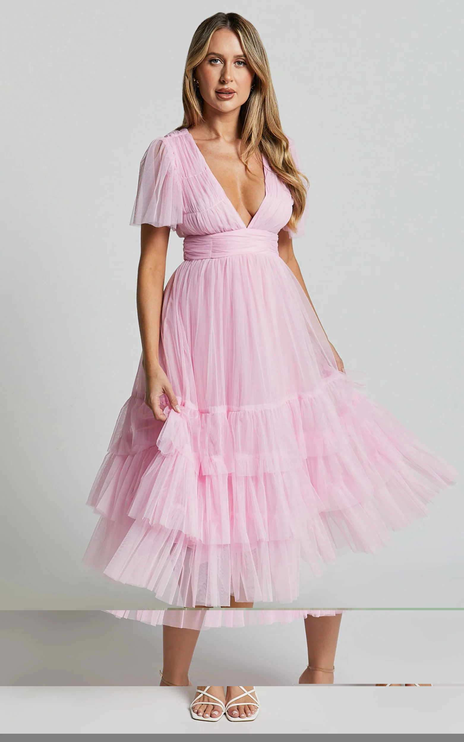 Jiraye Midi Dress - Flutter Sleeve Tuelle Plunge Dress in Ballet Pink - Image 2