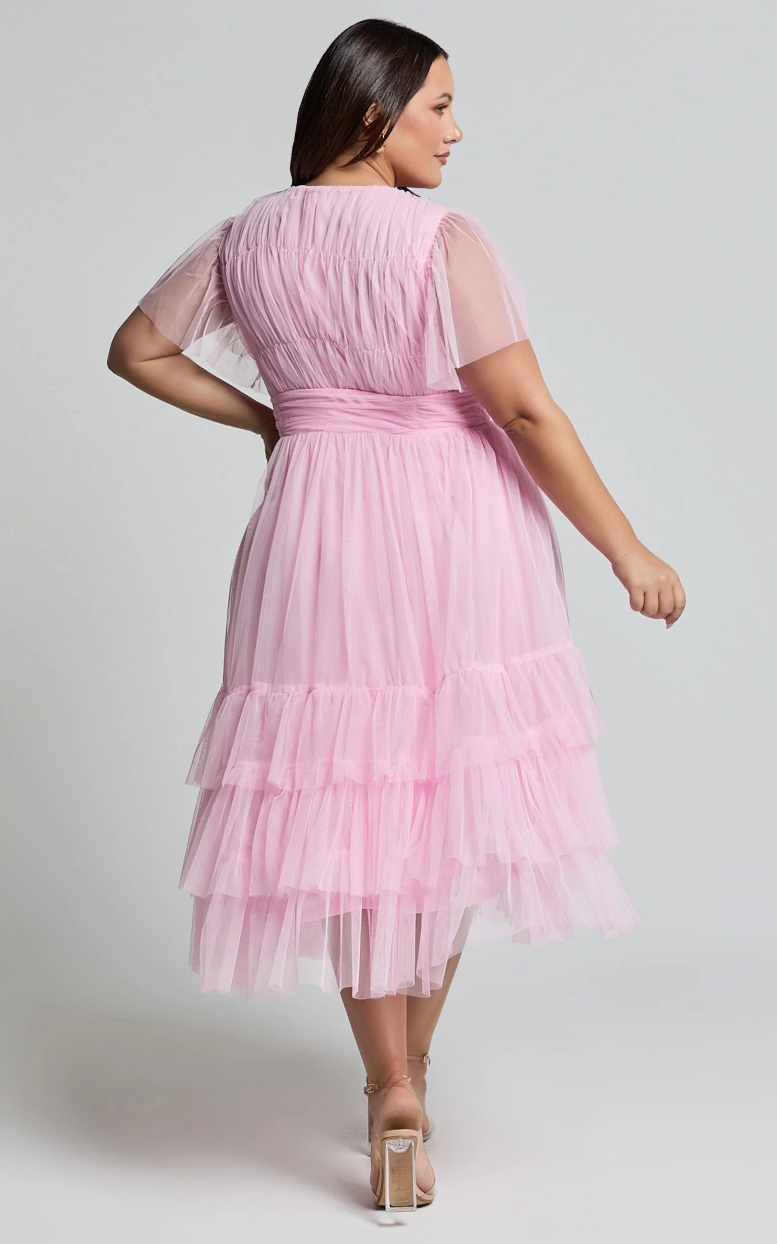 Jiraye Midi Dress - Flutter Sleeve Tuelle Plunge Dress in Ballet Pink - Image 7