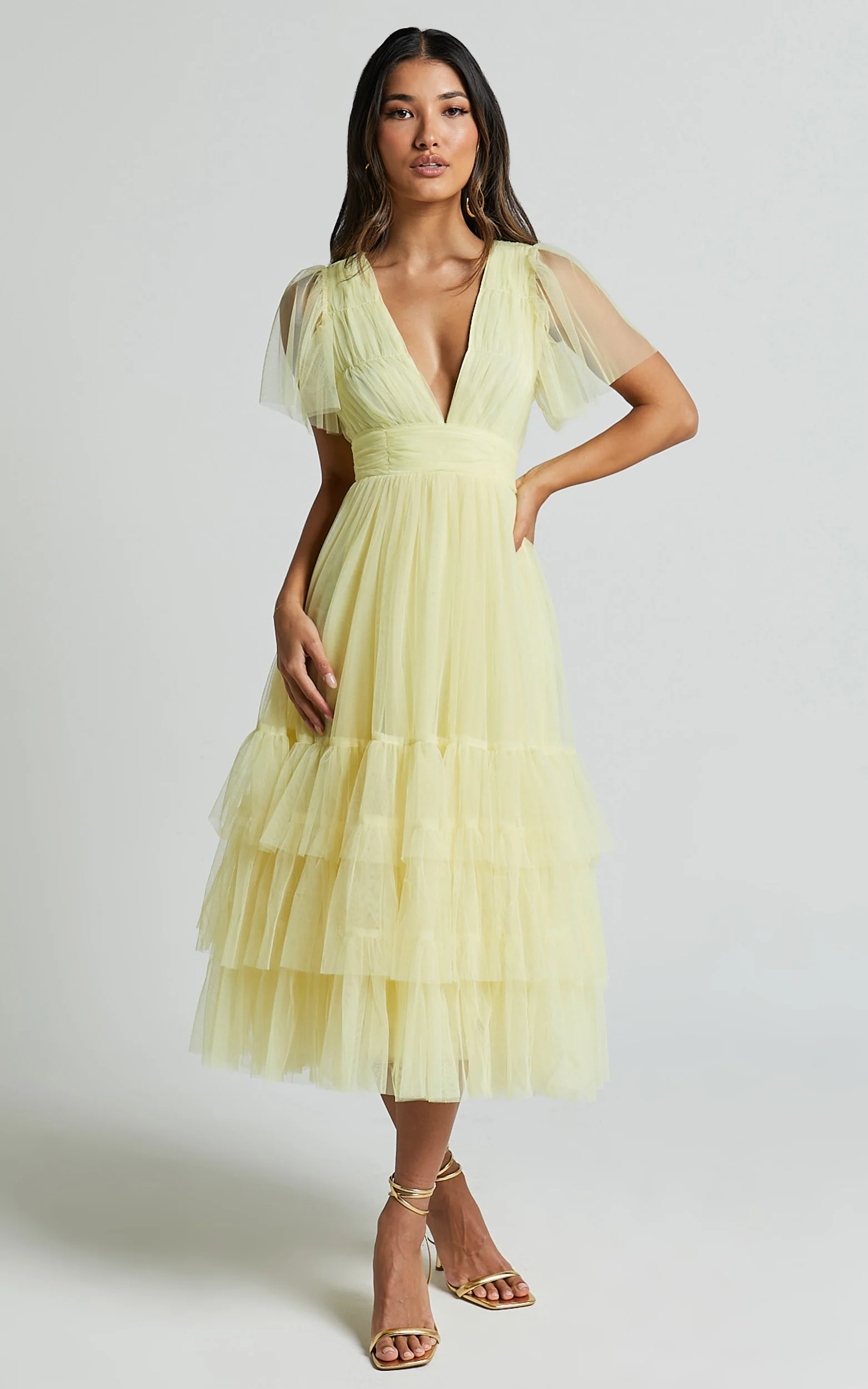 Jiraye Midi Dress - Flutter Sleeve Tuelle Plunge Dress in Lemon - Image 3