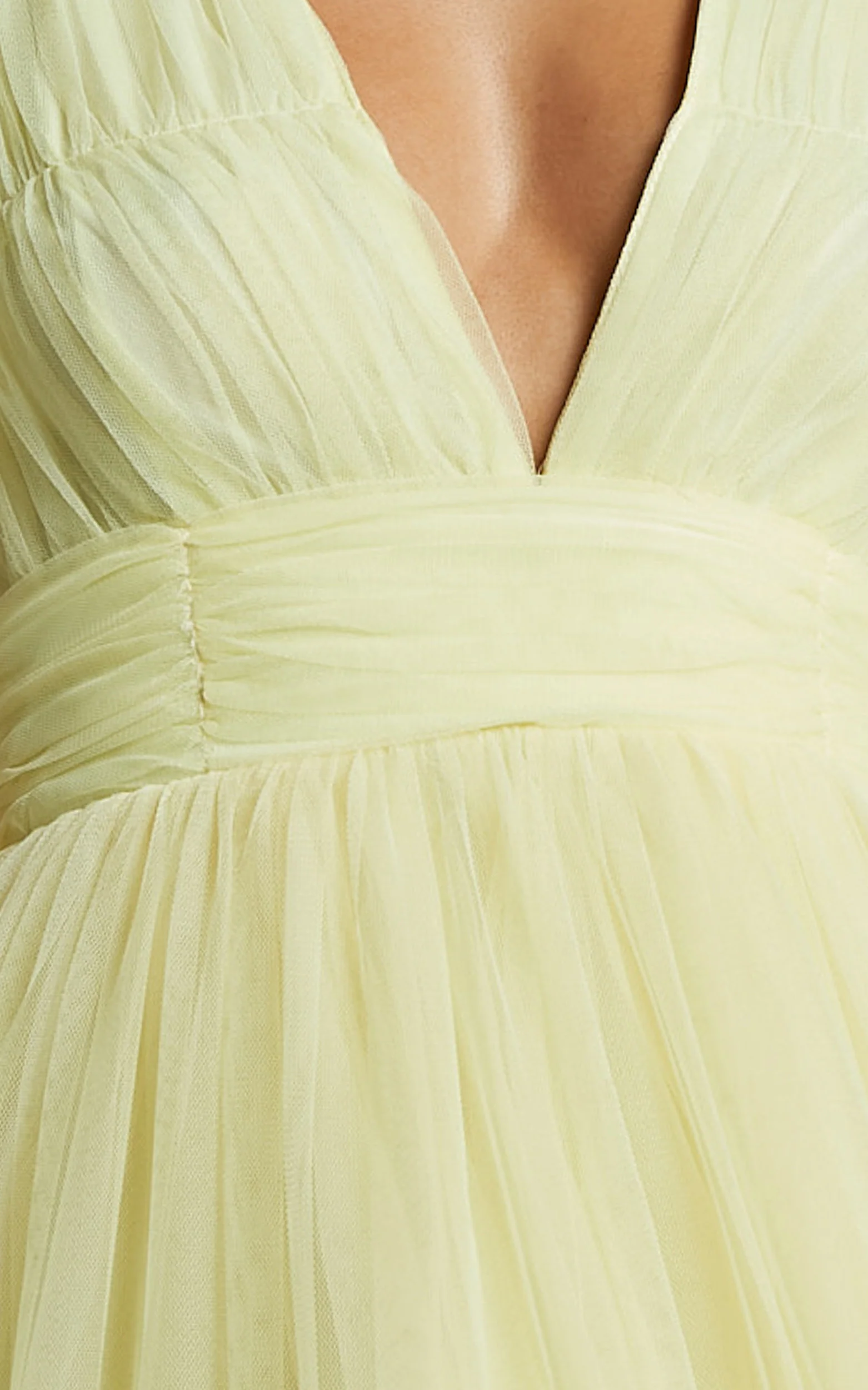 Jiraye Midi Dress - Flutter Sleeve Tuelle Plunge Dress in Lemon - Image 4