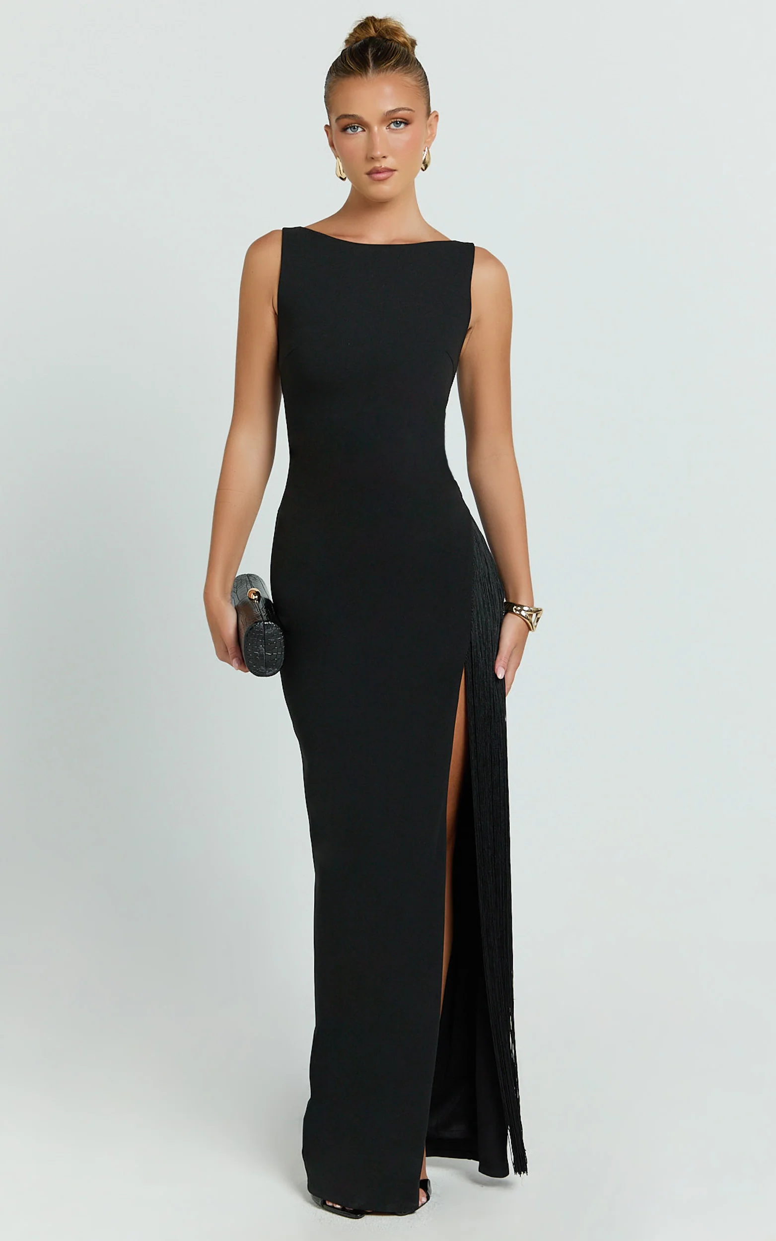 Joanne Maxi Dress - Scoop Neck Fringe Dress in Black - Image 3