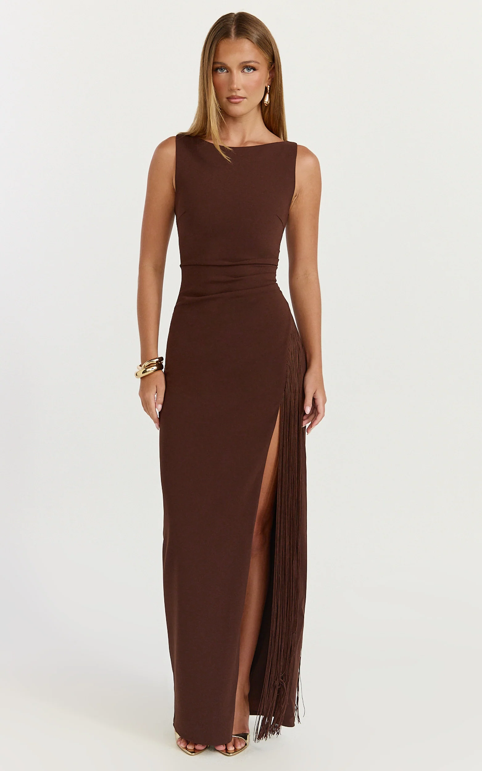 Joanne Maxi Dress - Scoop Neck Fringe Dress in Chocolate - Image 2
