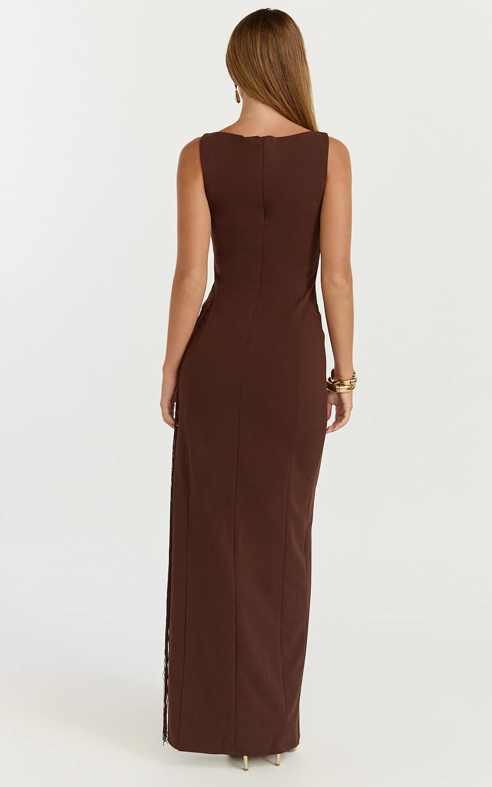 Joanne Maxi Dress - Scoop Neck Fringe Dress in Chocolate - Image 5