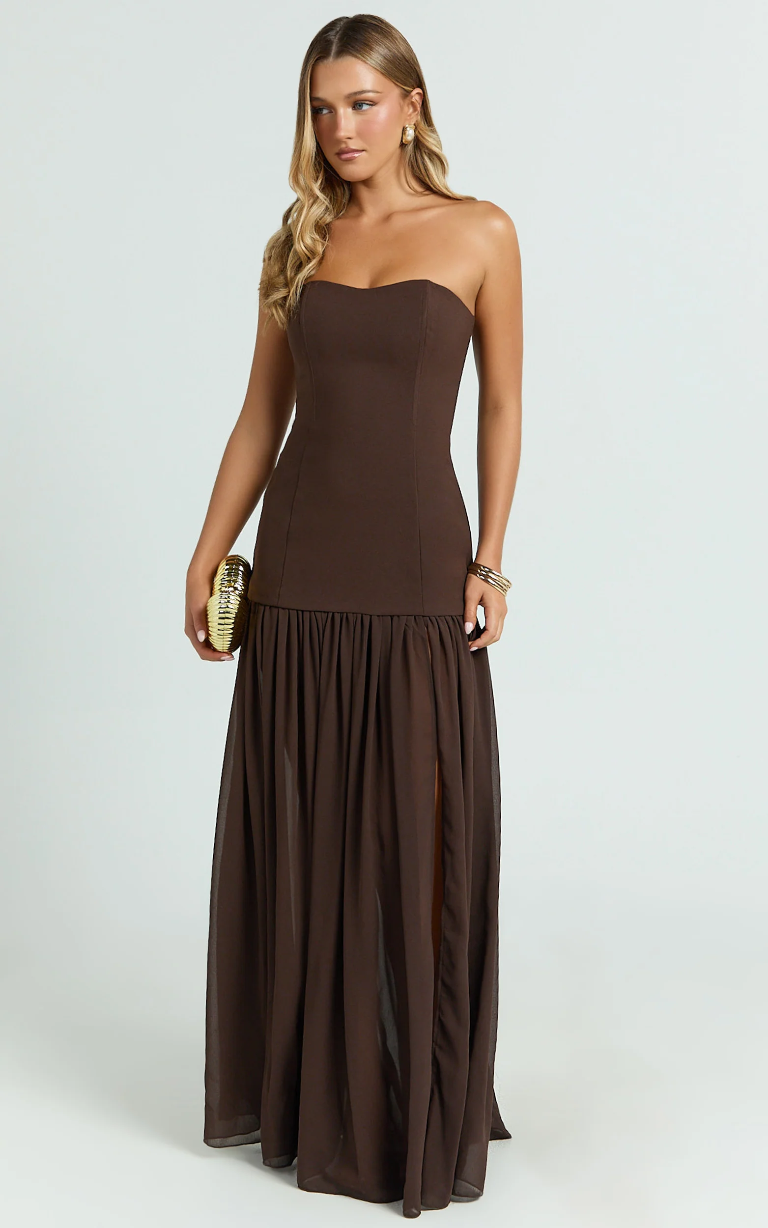 Jocelyn Maxi Dress - Strapless Ruched Fit And Flare Dress in Chocolate - Image 5