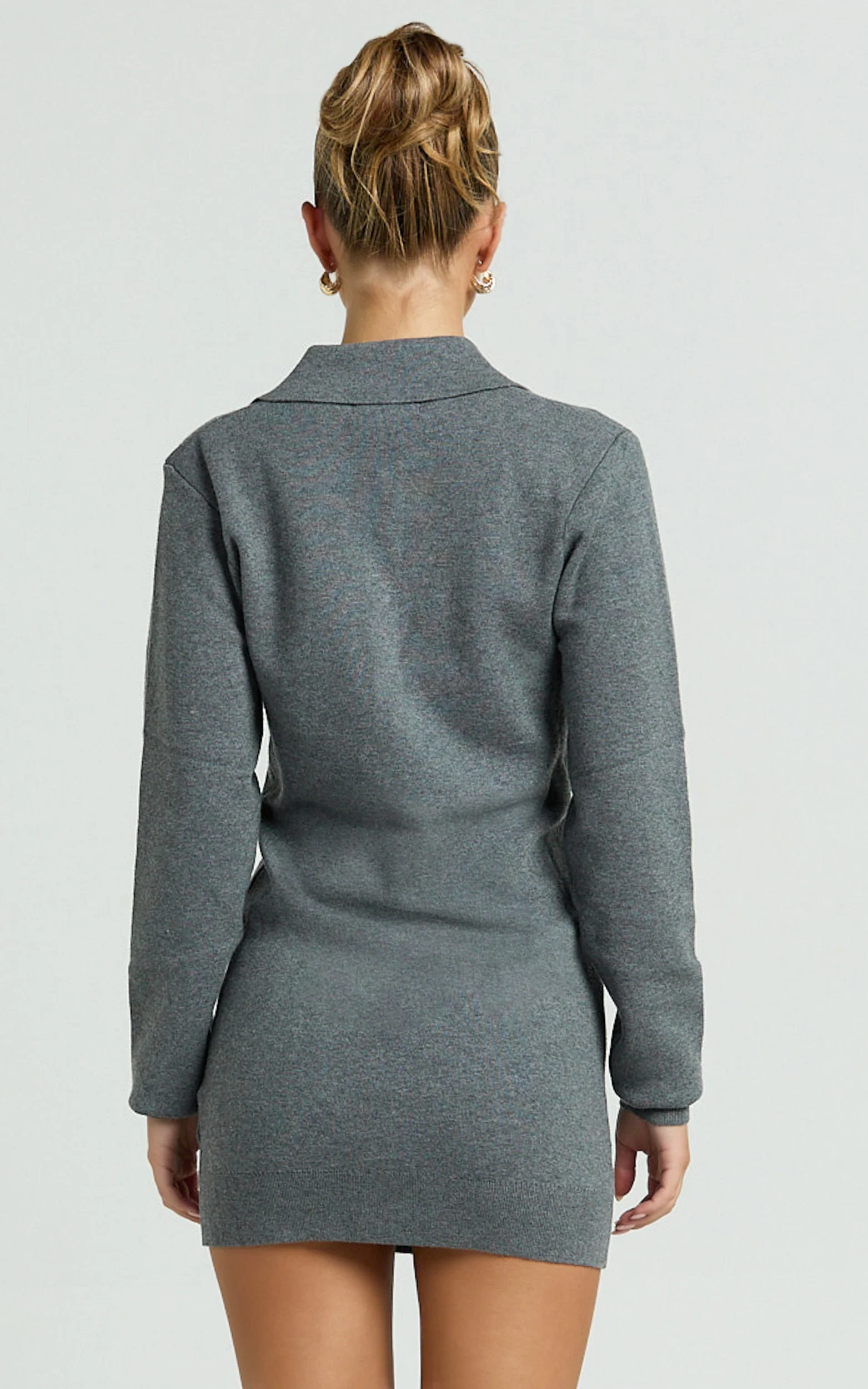 Jolene Mini Dress - Long Sleeve Knitted Polo Dress in Dark Grey - Image 6