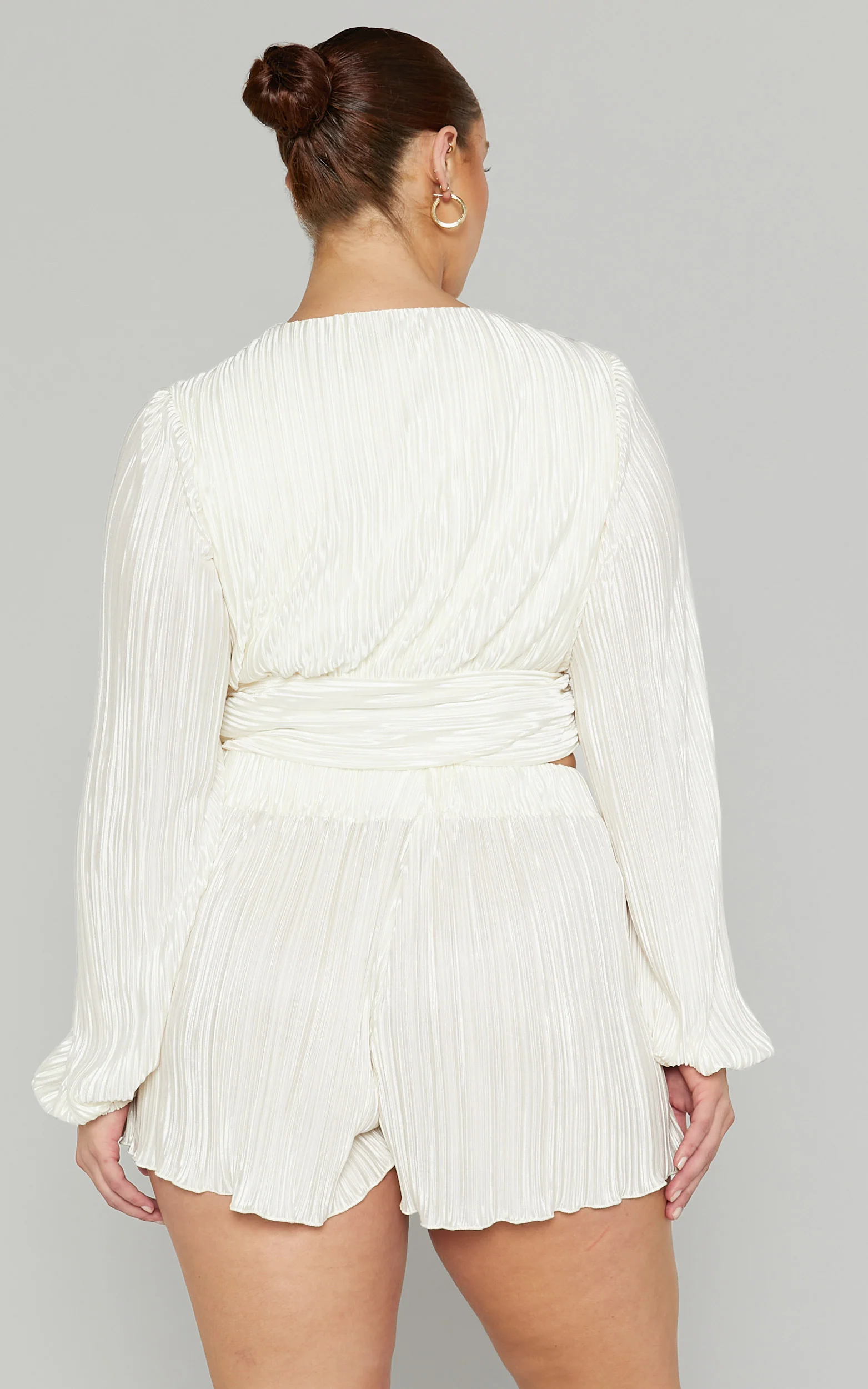 Jondra Blouse - Ruched Front Long Sleeve Plisse Blouse in Cream - Image 6