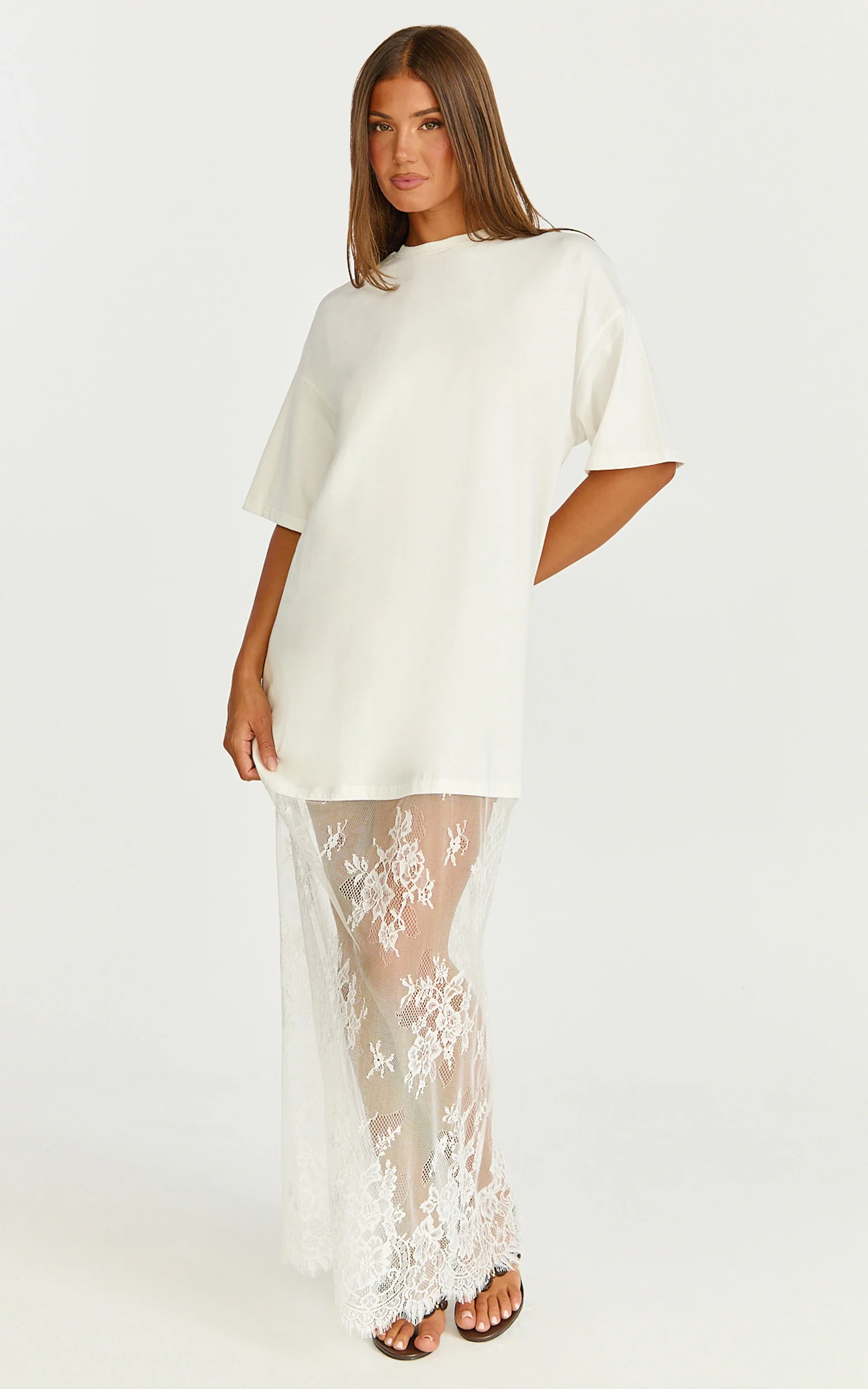 Jonna Midi Dress - Longline Lace Insert Tee in Off White - Image 3