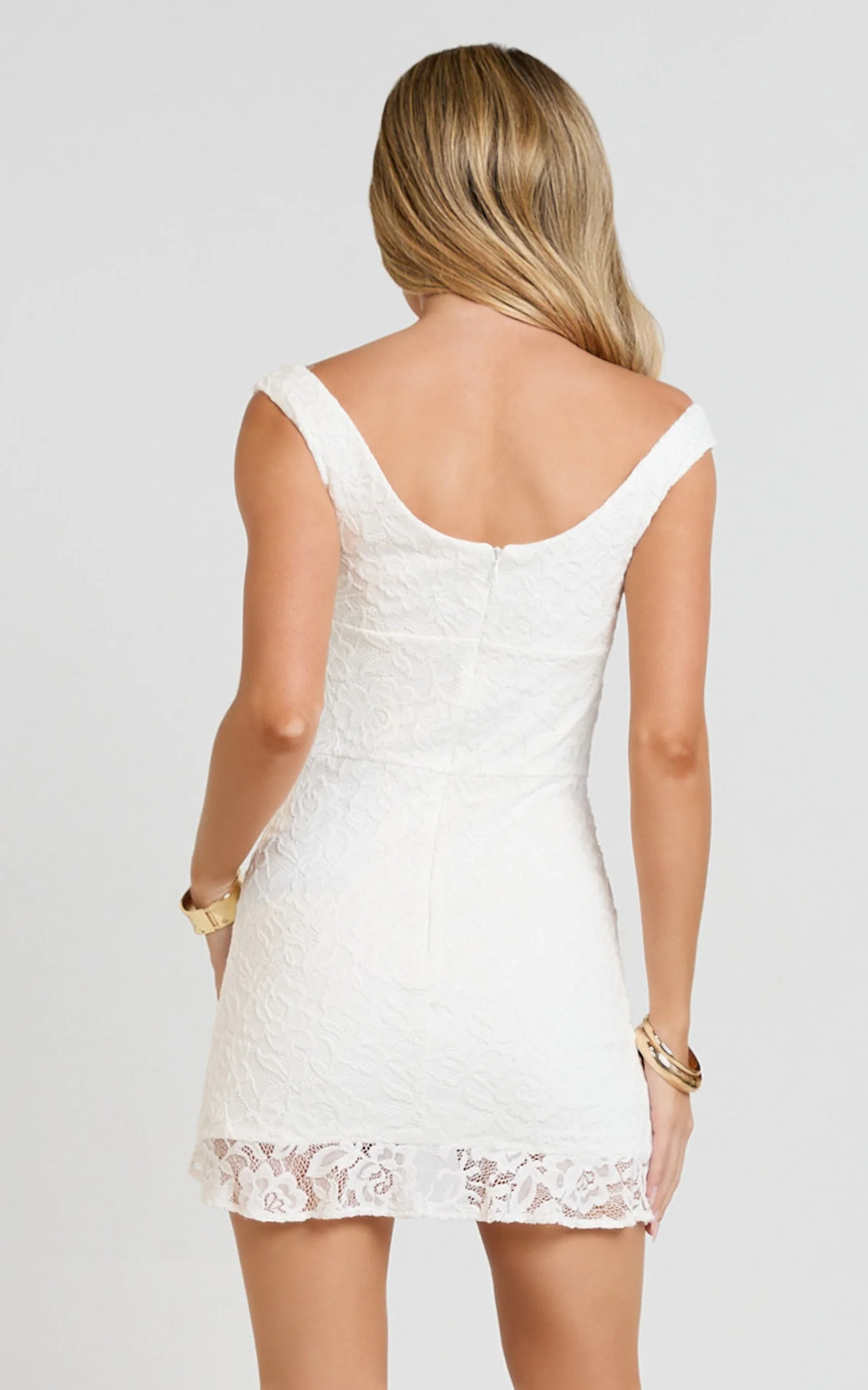 Judai Mini Dress - Lace Off Shoulder A Line Dress in White - Image 6