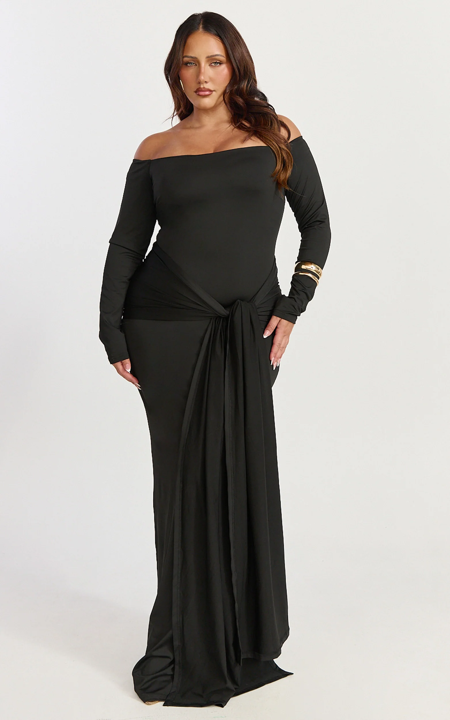 Judith Maxi Dress - Boat Neck Backless Tie Front Long Sleeve Jersey Dress in Black - Image 2