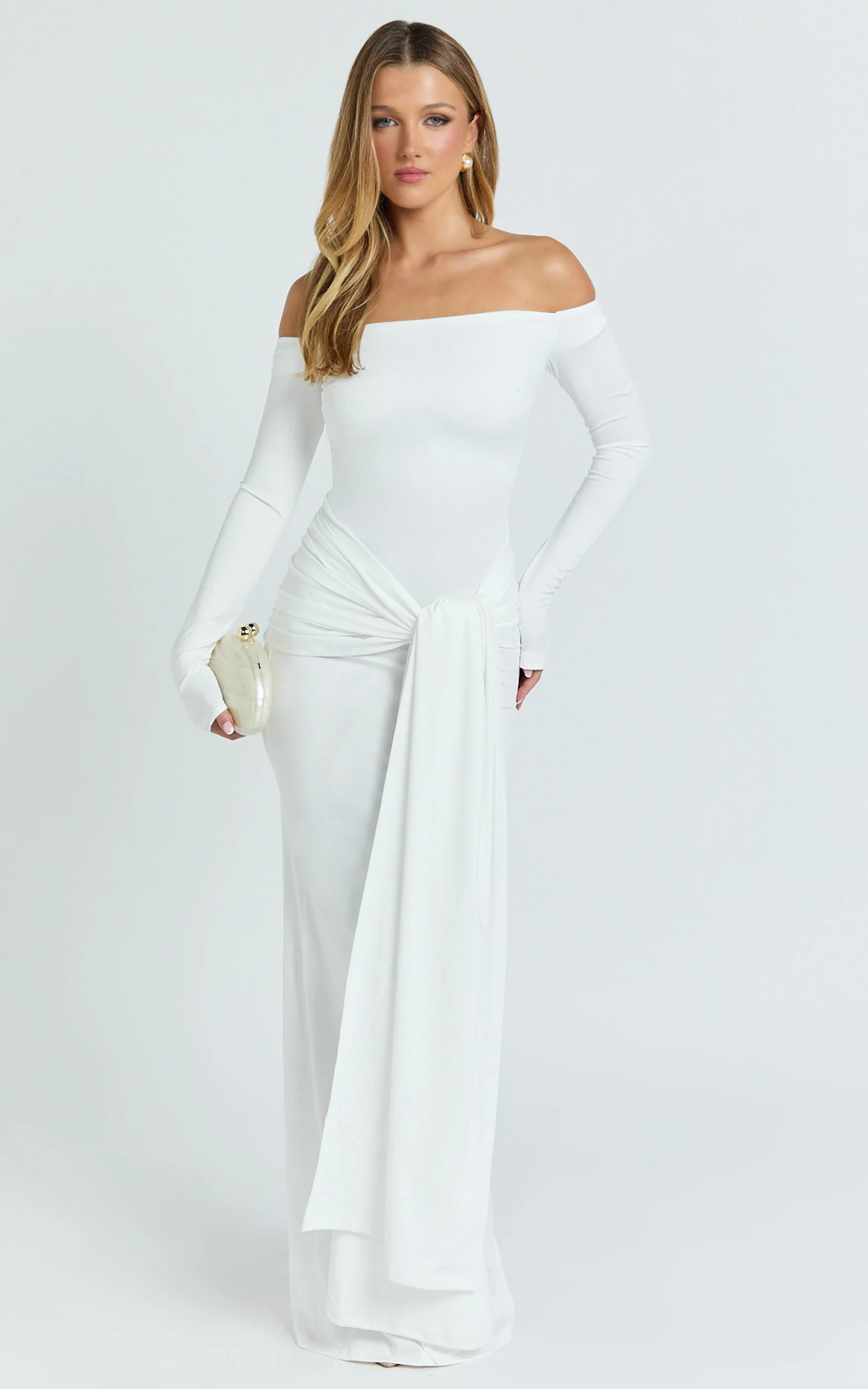 Judith Maxi Dress - Boat Neck Backless Tie Front Long Sleeve Jersey Dress in Cream - Image 2