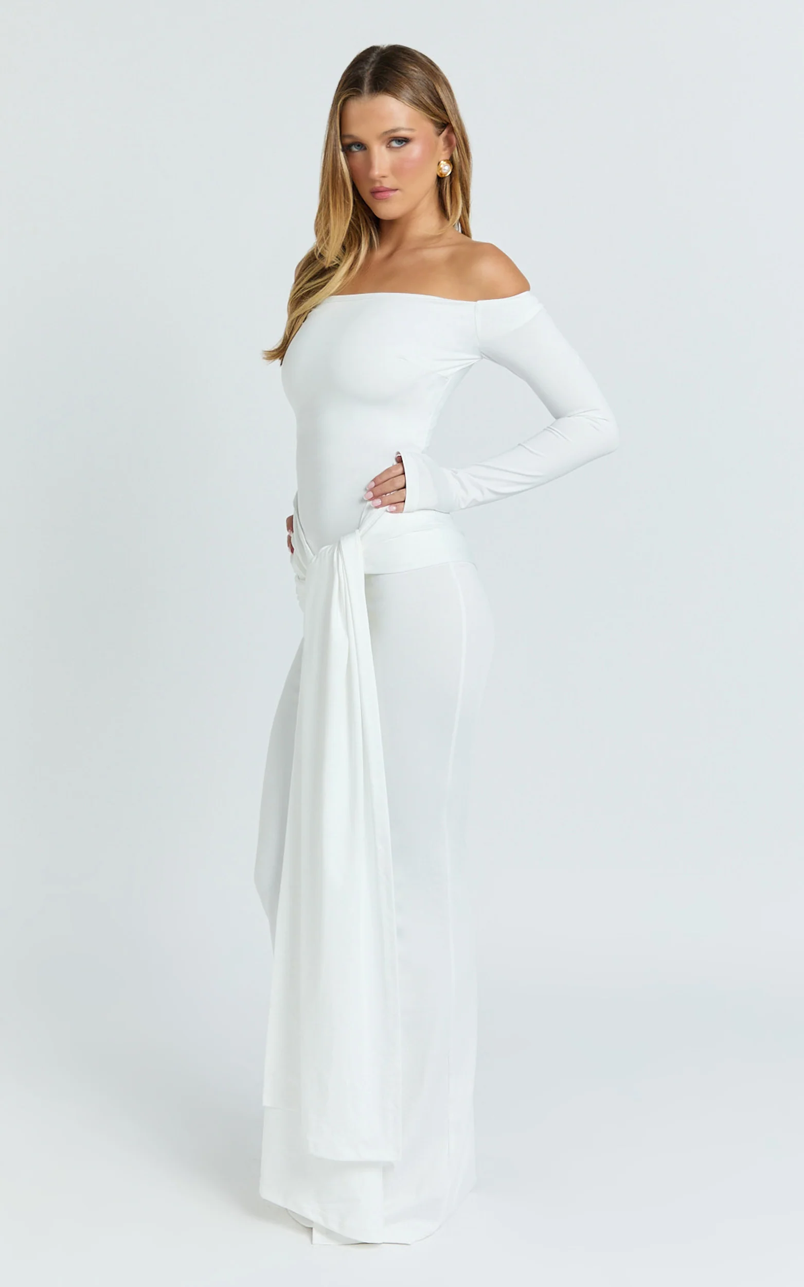 Judith Maxi Dress - Boat Neck Backless Tie Front Long Sleeve Jersey Dress in Cream - Image 3