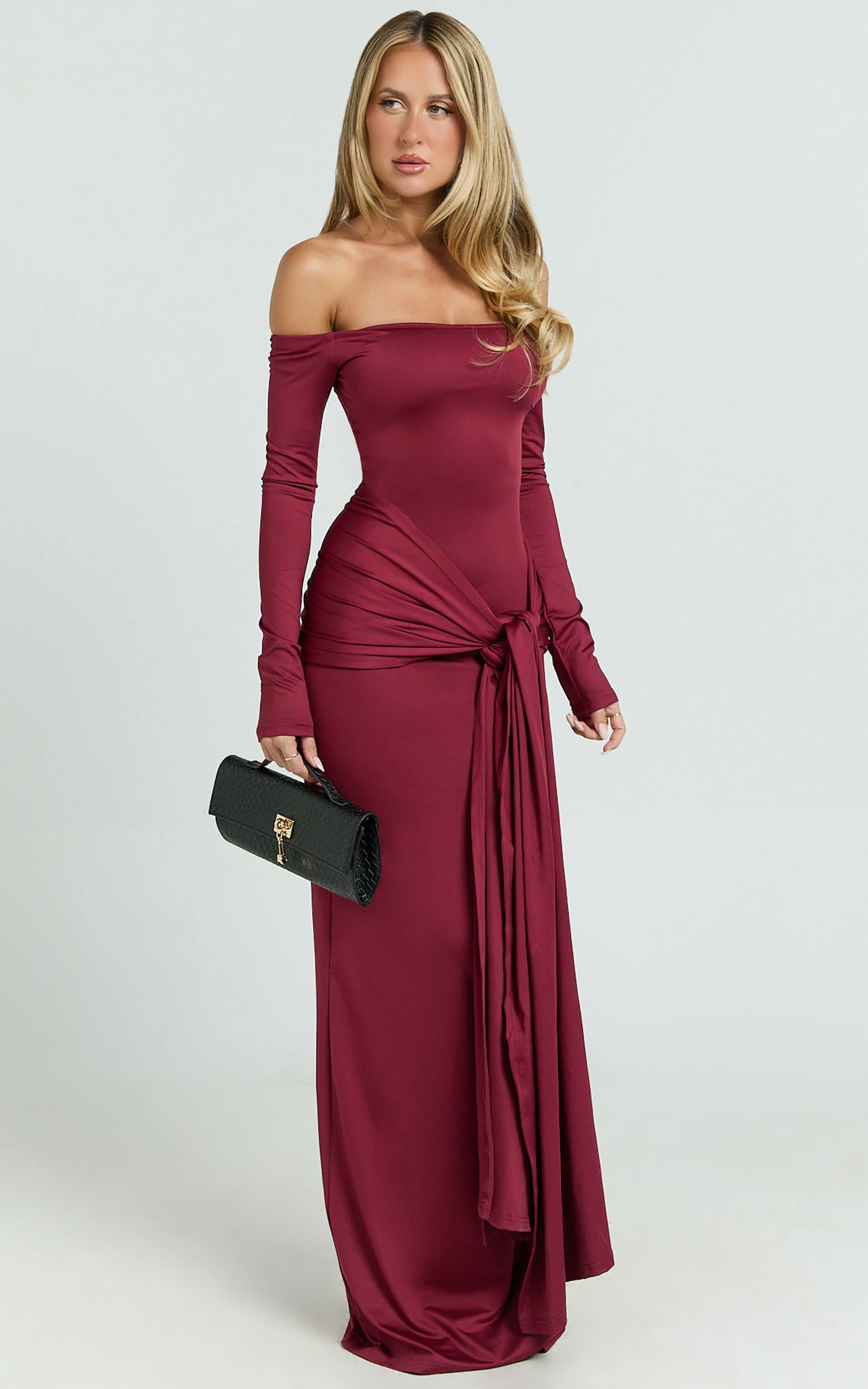 Judith Maxi Dress - Boat Neck Backless Tie Front Long Sleeve Jersey Dress in Wine - Image 7