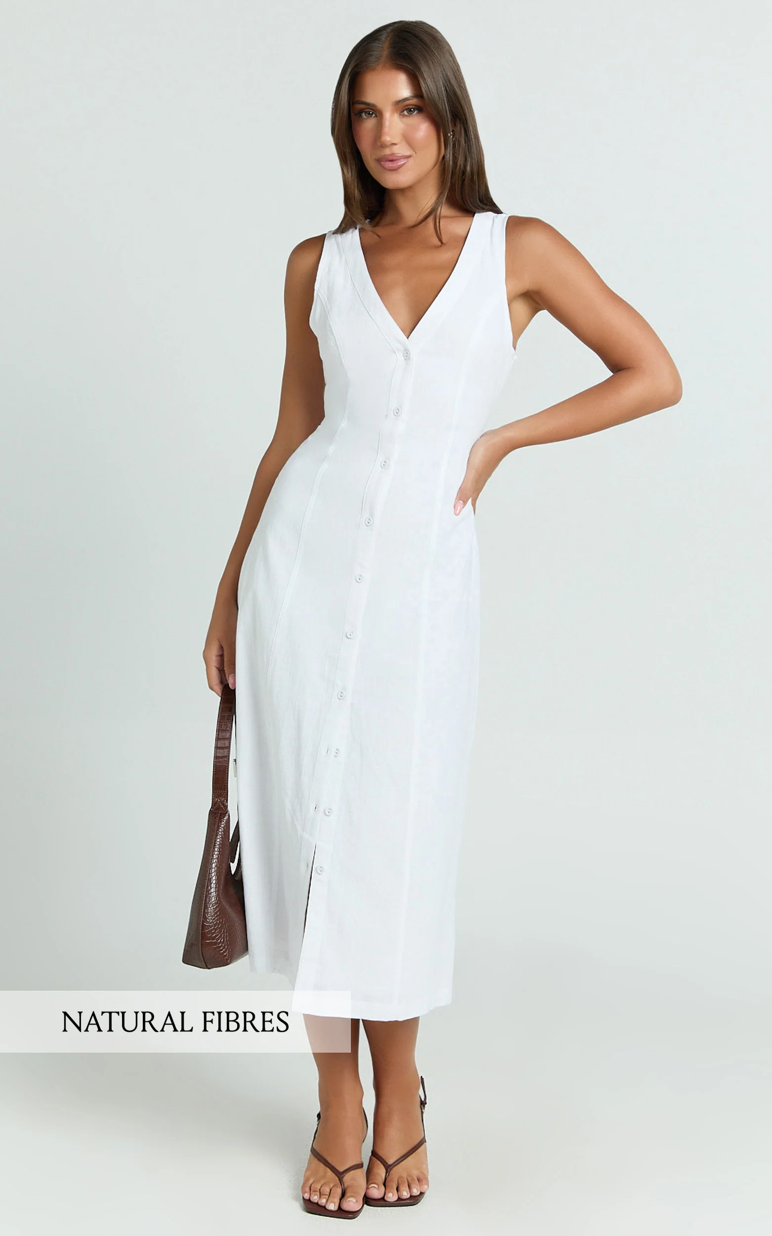 Juliet Midi Dress - Button Through V Neck Dress in White