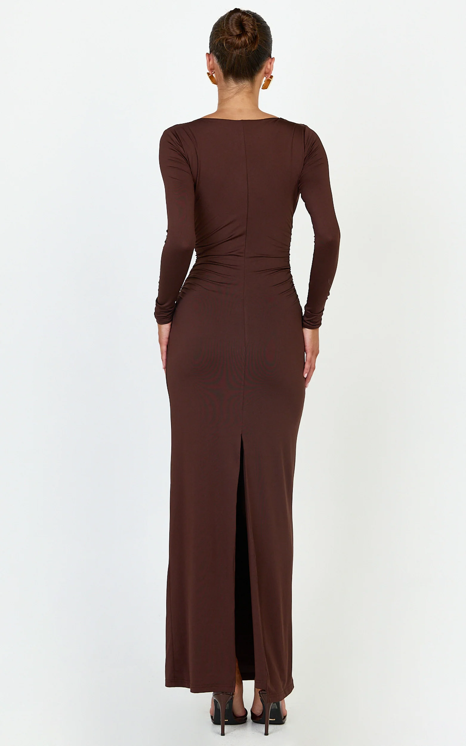 Juniper Maxi Dress - V Neckline Long Sleeve Gathered Detail Dress in Dark Chocolate - Image 5