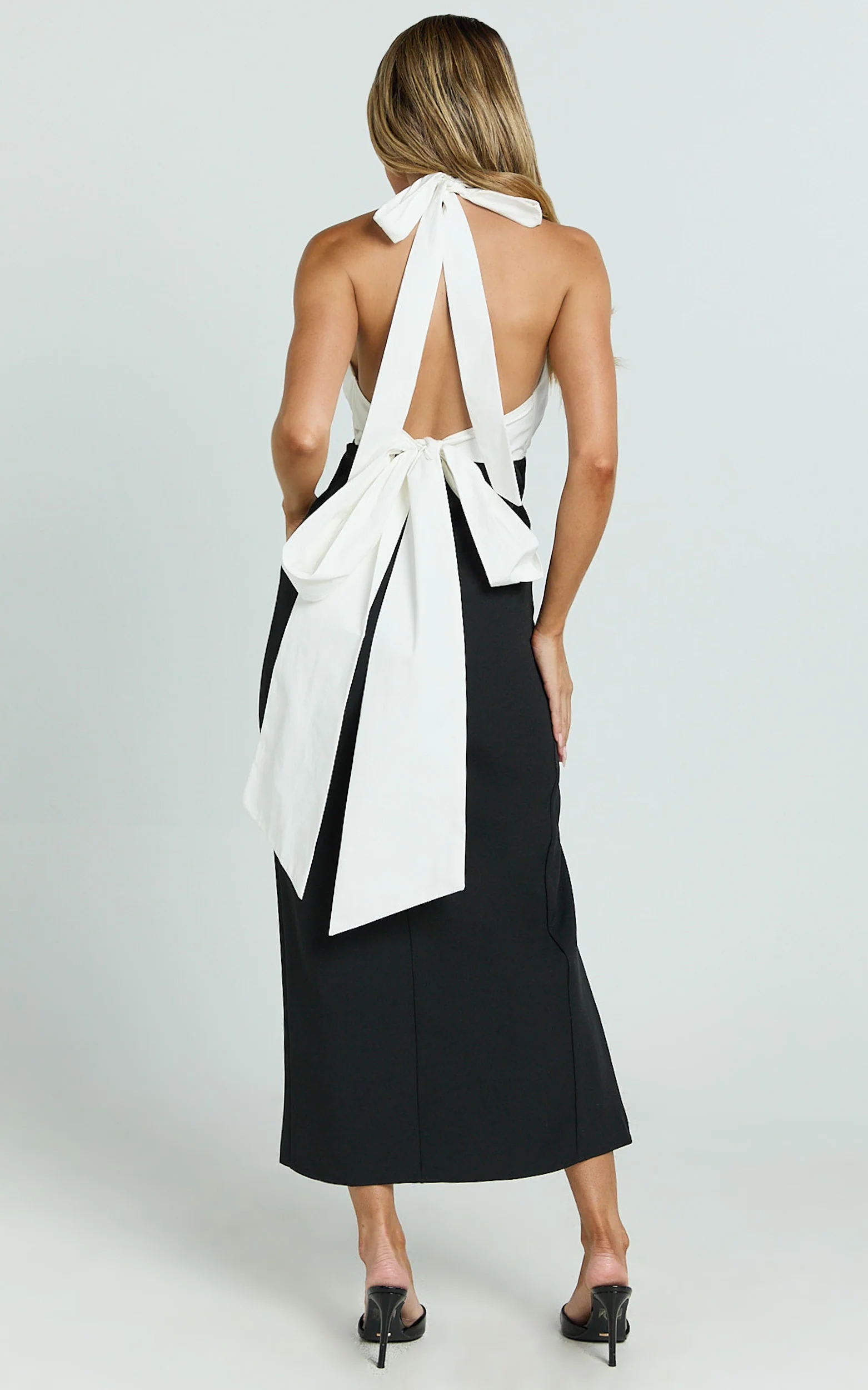 Kaitlin Midi Dress - Contrast Halter Plunge Tie Back Fitted Dress in Black - Image 7