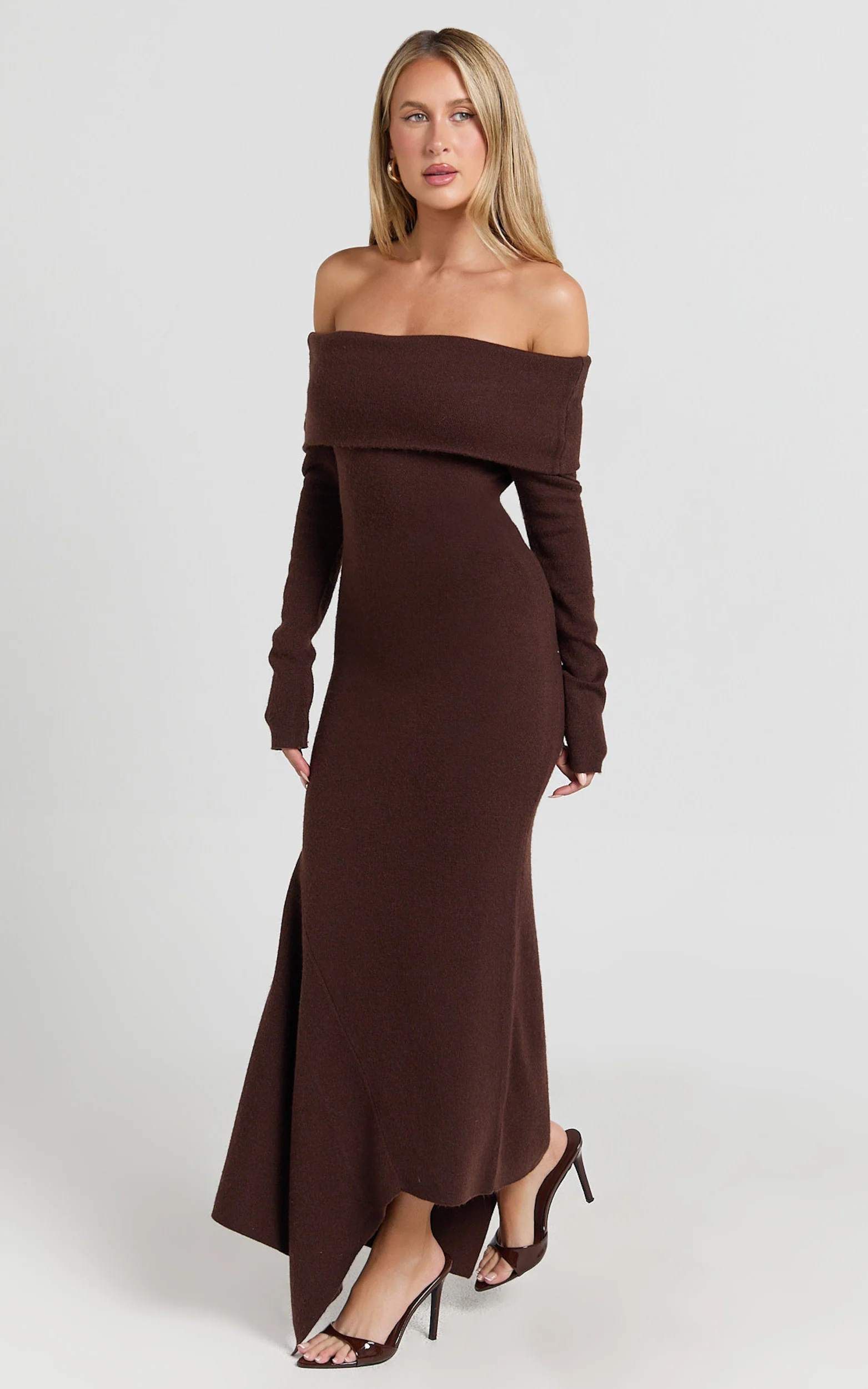 Karina Midi Dress - Long Sleeve Folded Off Shoulder Asymmetric Dress in Chocolate - Image 2