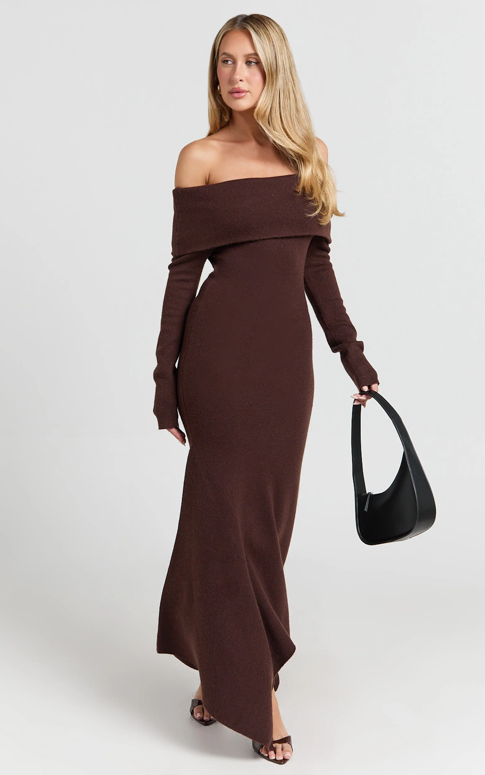 Karina Midi Dress - Long Sleeve Folded Off Shoulder Asymmetric Dress in Chocolate - Image 4