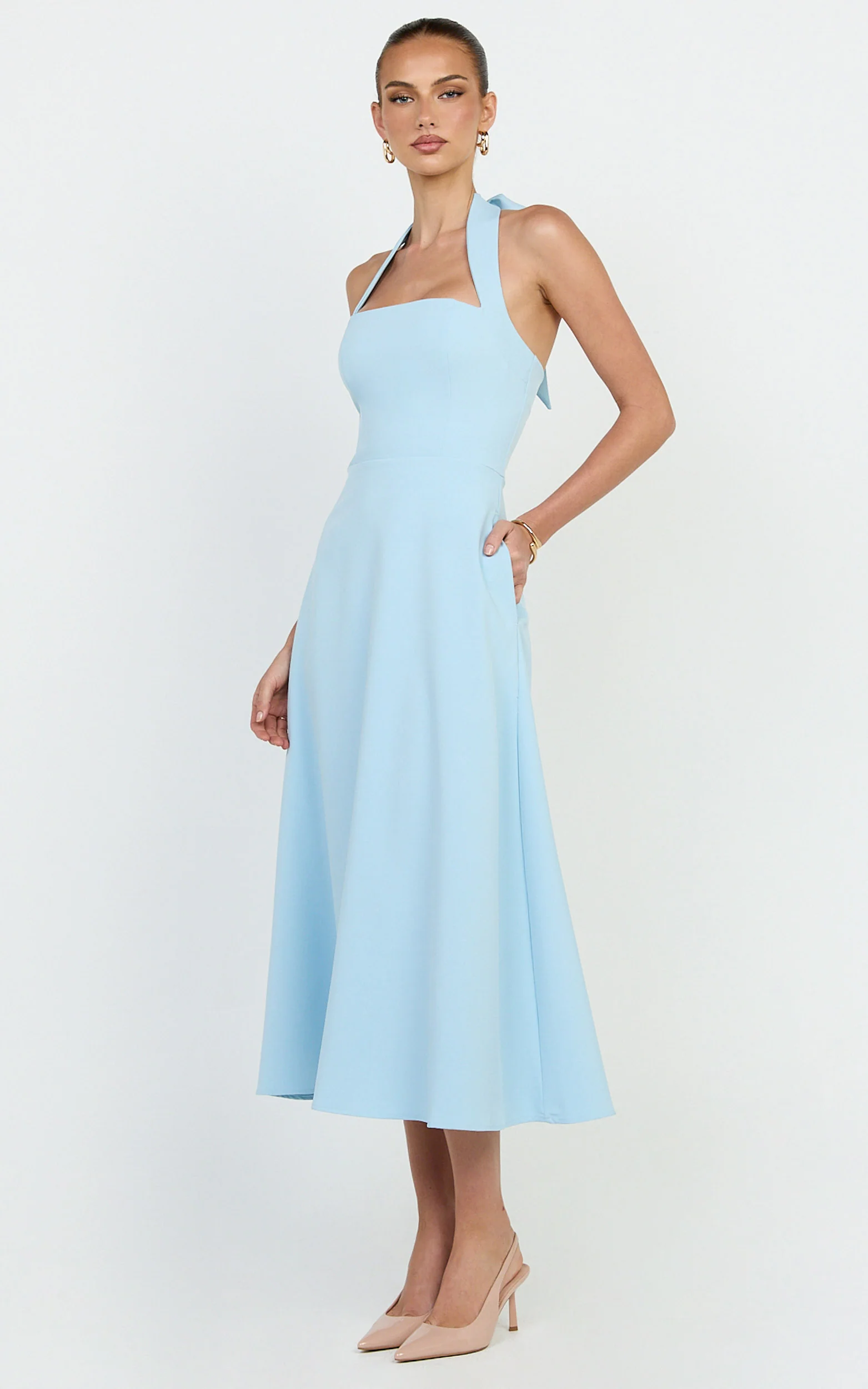 Karissa Midi Dress - Halter Neck Fitted Bodice Midi Soft A Line Skirt Dress in Pale Blue - Image 5
