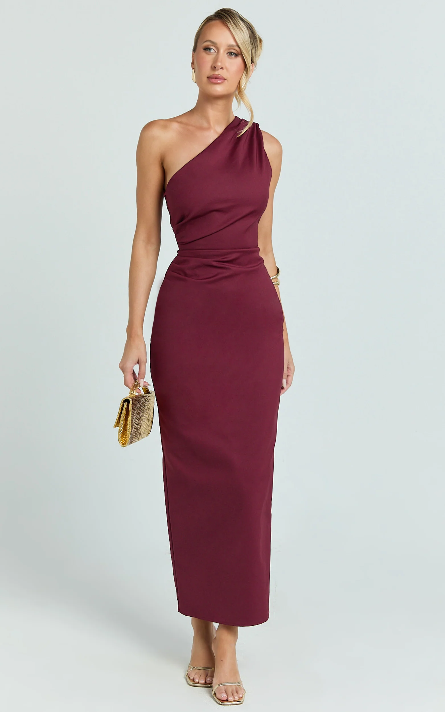 Karlie Midi Dress - One Shoulder Fitted Dress in Wine - Image 4