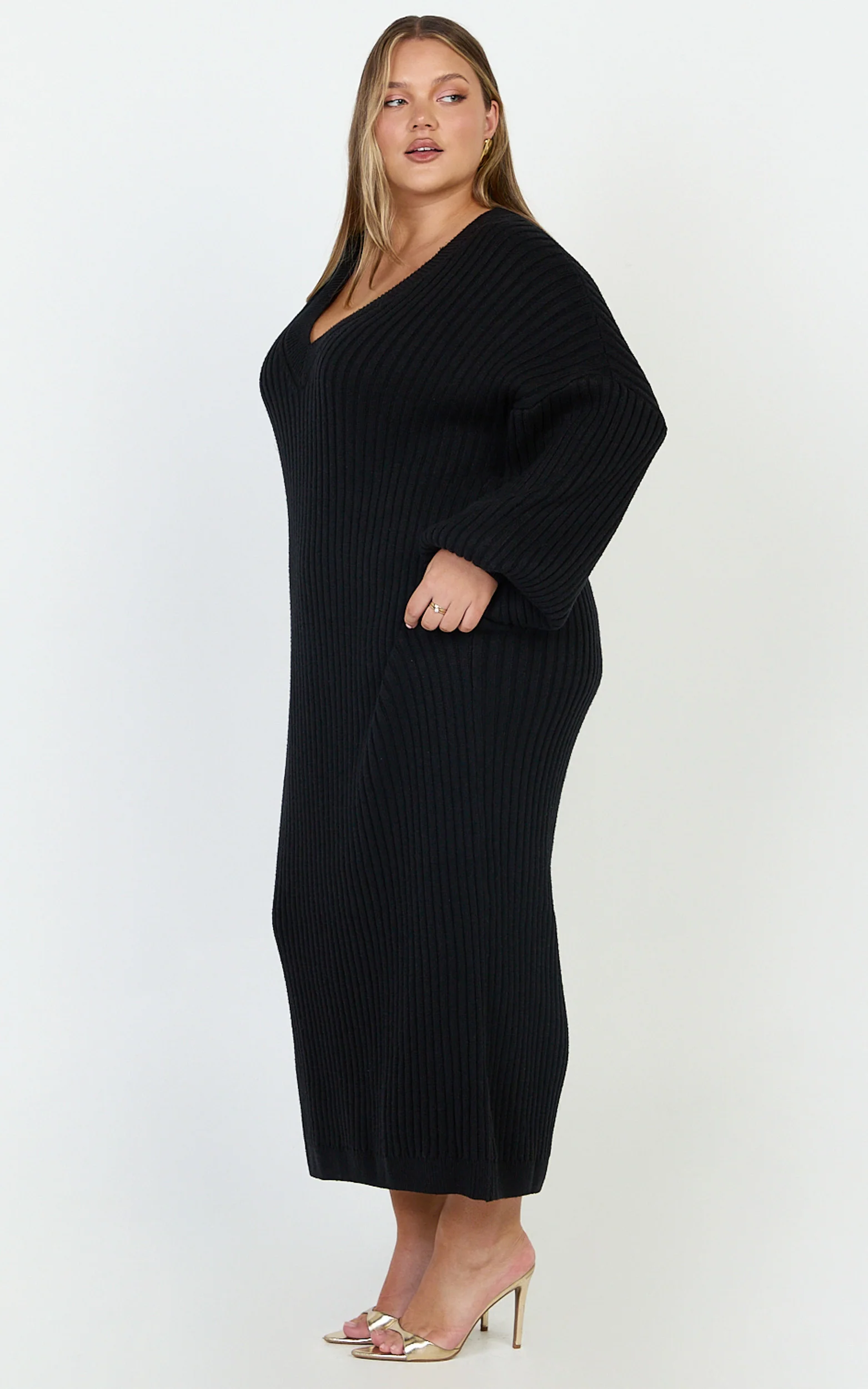 Kartia Midi Dress - V Neck Knit Dress in Black - Image 4