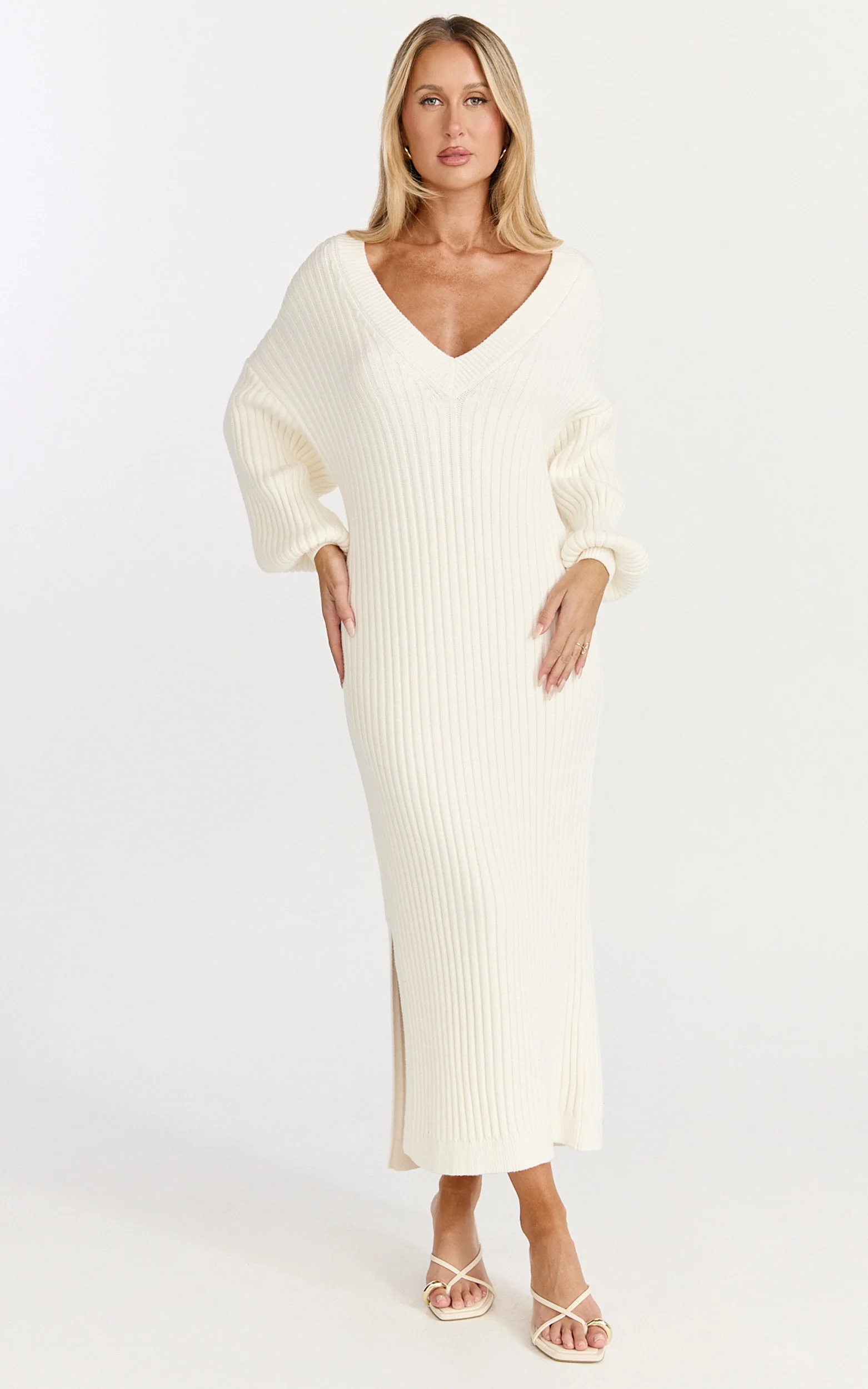 Kartia Midi Dress - V Neck Knit Dress in Off White - Image 3