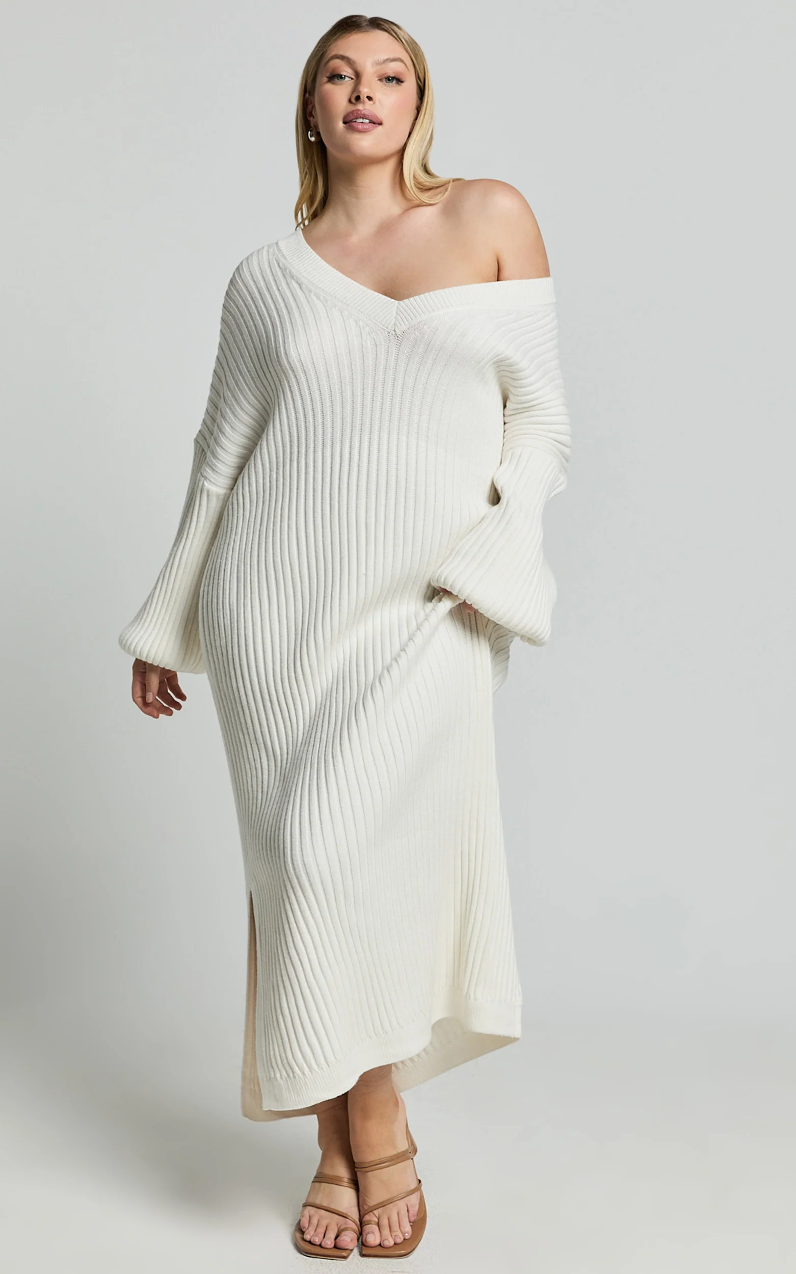 Kartia Midi Dress - V Neck Knit Dress in Off White - Image 4