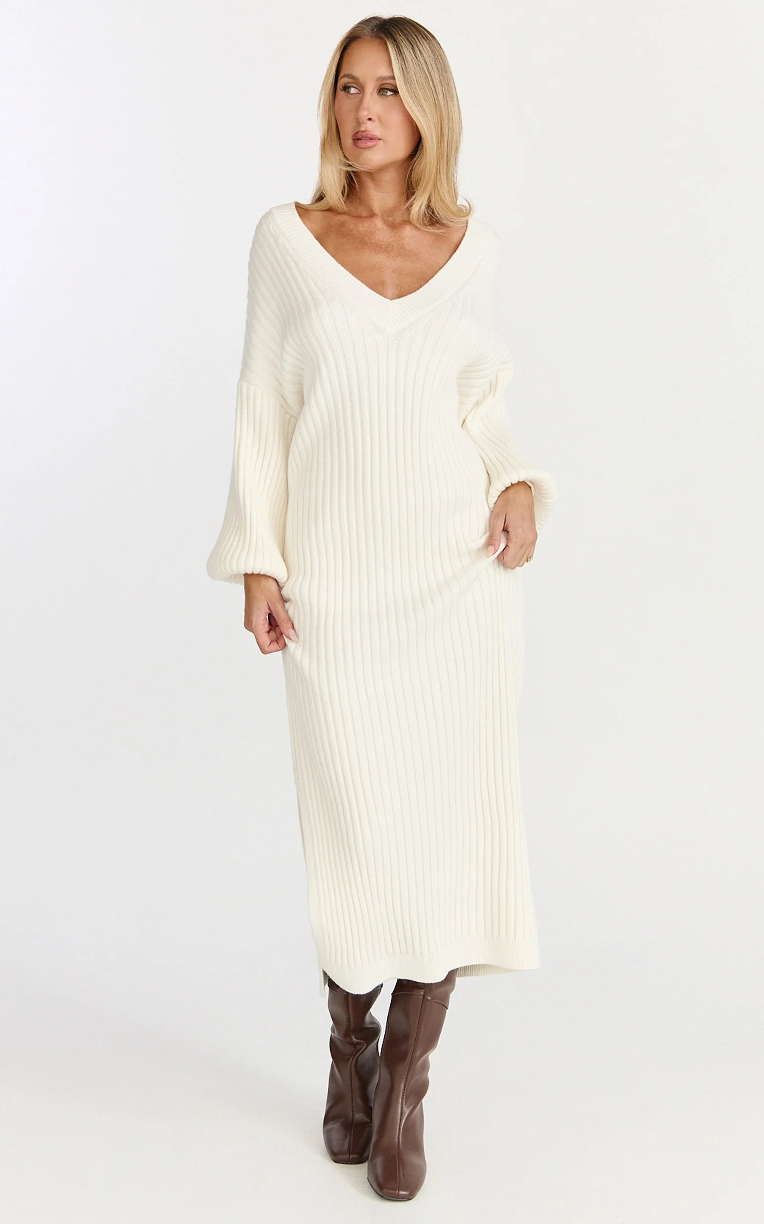 Kartia Midi Dress - V Neck Knit Dress in Off White - Image 7