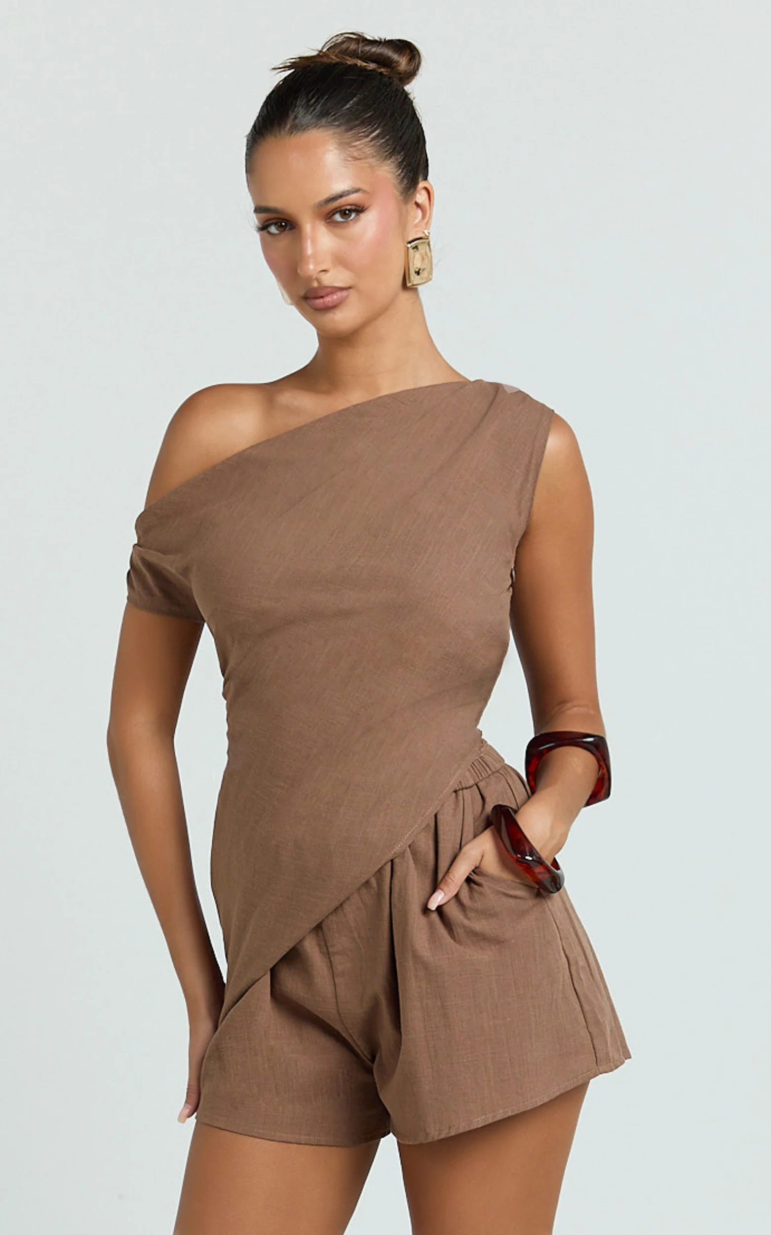 Kate Two Piece Set - Asymmetrical One Shoulder Short Set in Chocolate - Image 2