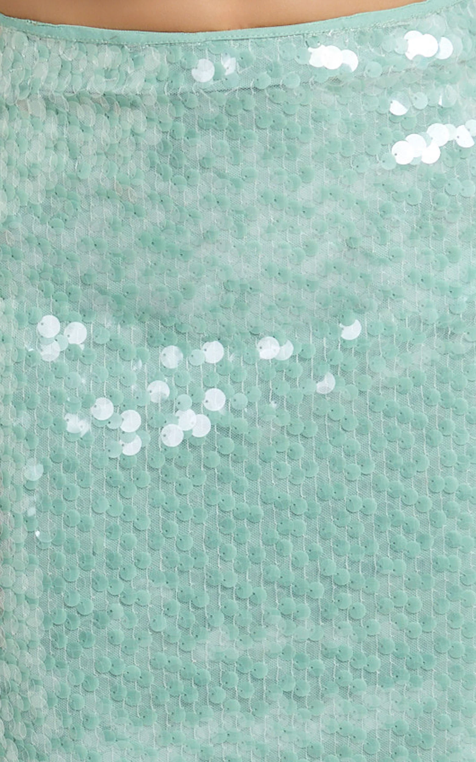 Katelyn Knee Length Skirt - Low Waisted Sheer Sequin Skirt in Teal - Image 8