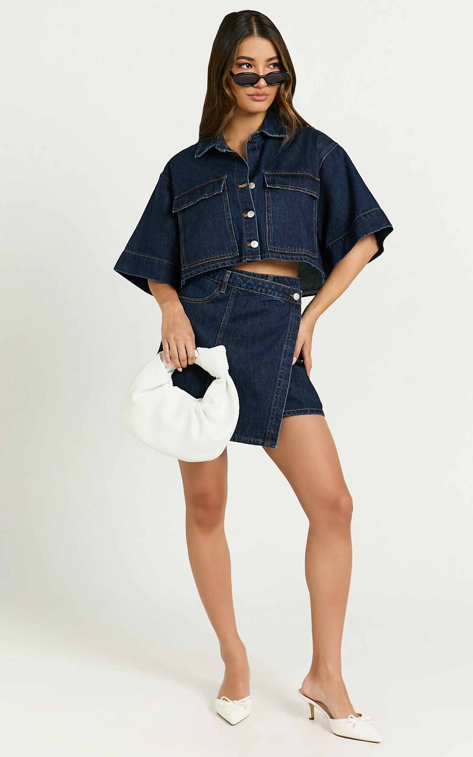 Katherine Mini Skirt - Cross Front Recycled Denim Skirt in Dark Blue Wash - Image 3