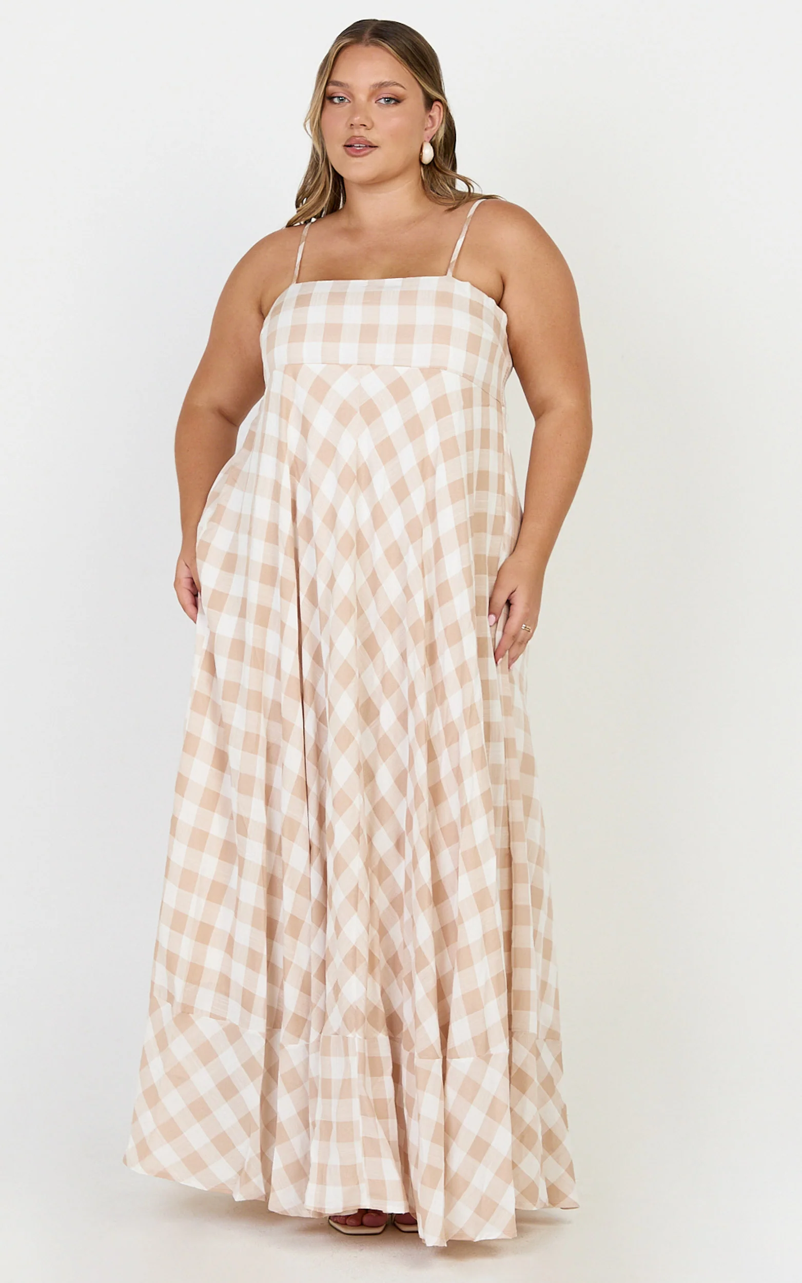 Katrien Maxi Dress - Strappy Empire Waist Flare Dress in Beige and White Check - Image 4