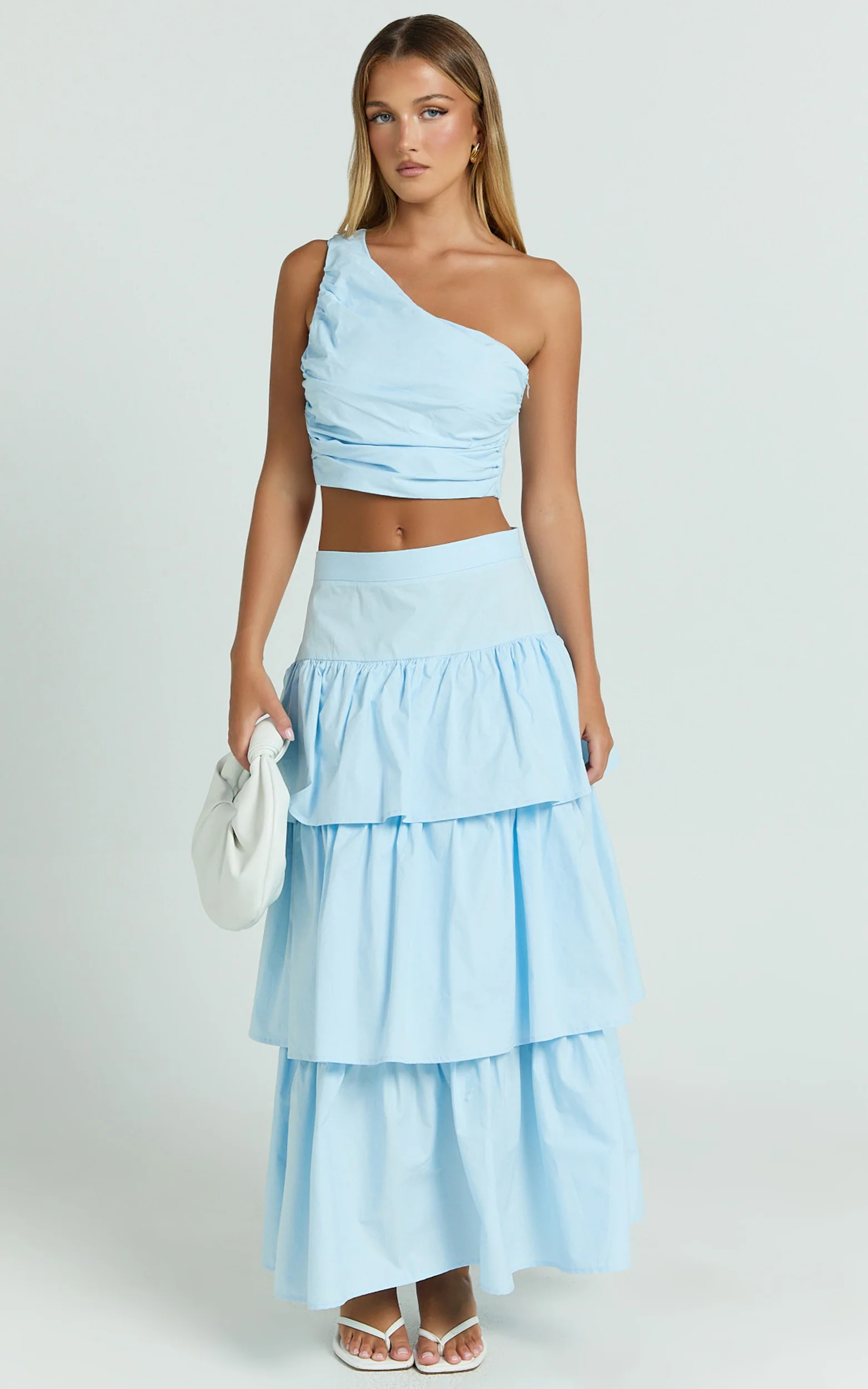 Kaycie Two Piece Set - One Shoulder Asymmetrical Ruched Top and Tiered Midi Skirt Set in Pale Blue - Image 3