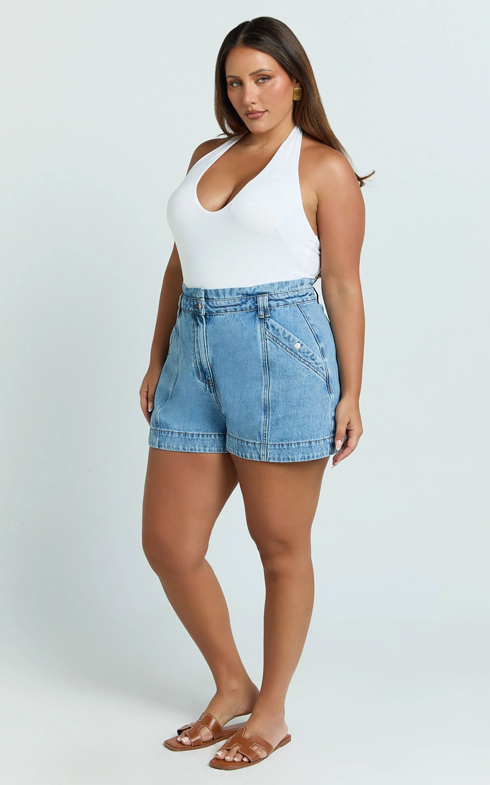 Kayla Shorts - High Waisted A Line Denim Shorts in Mid Blue Wash - Image 5