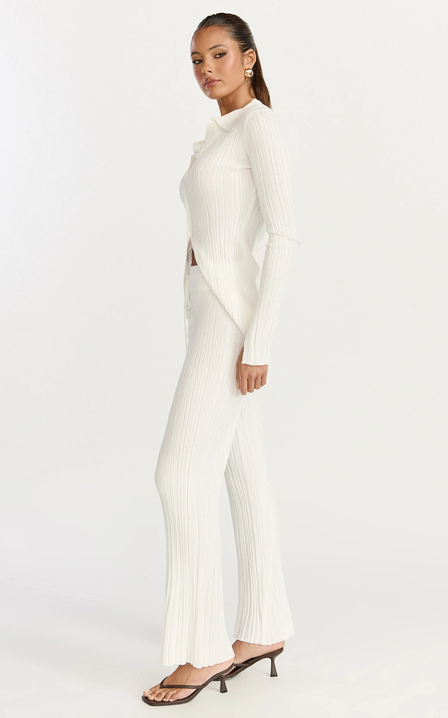 Kelsey Pants - High Drawstring Waist Knit Pants in Cream - Image 7