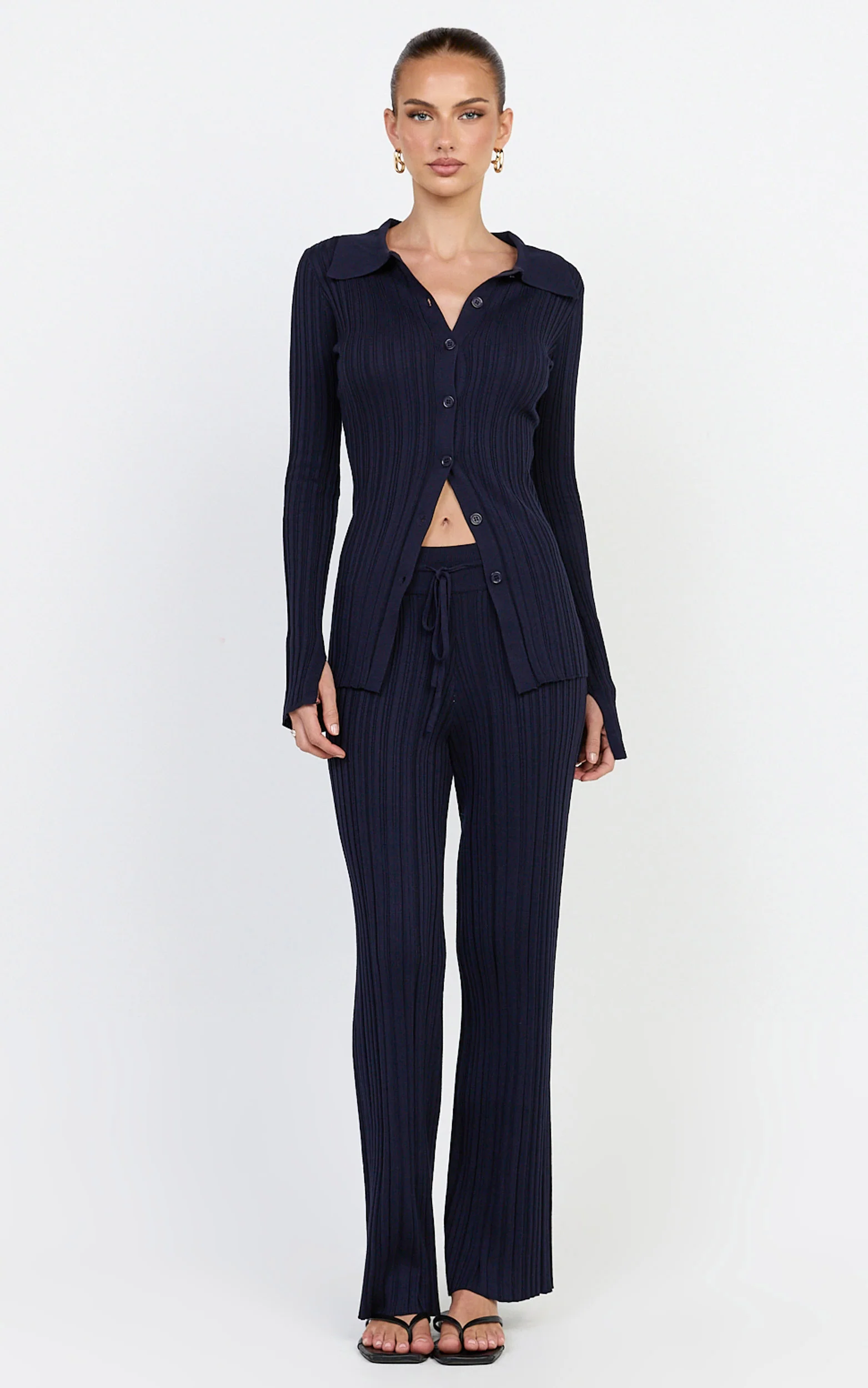 Kelsey Pants - High Drawstring Waist Knit Pants in Navy
