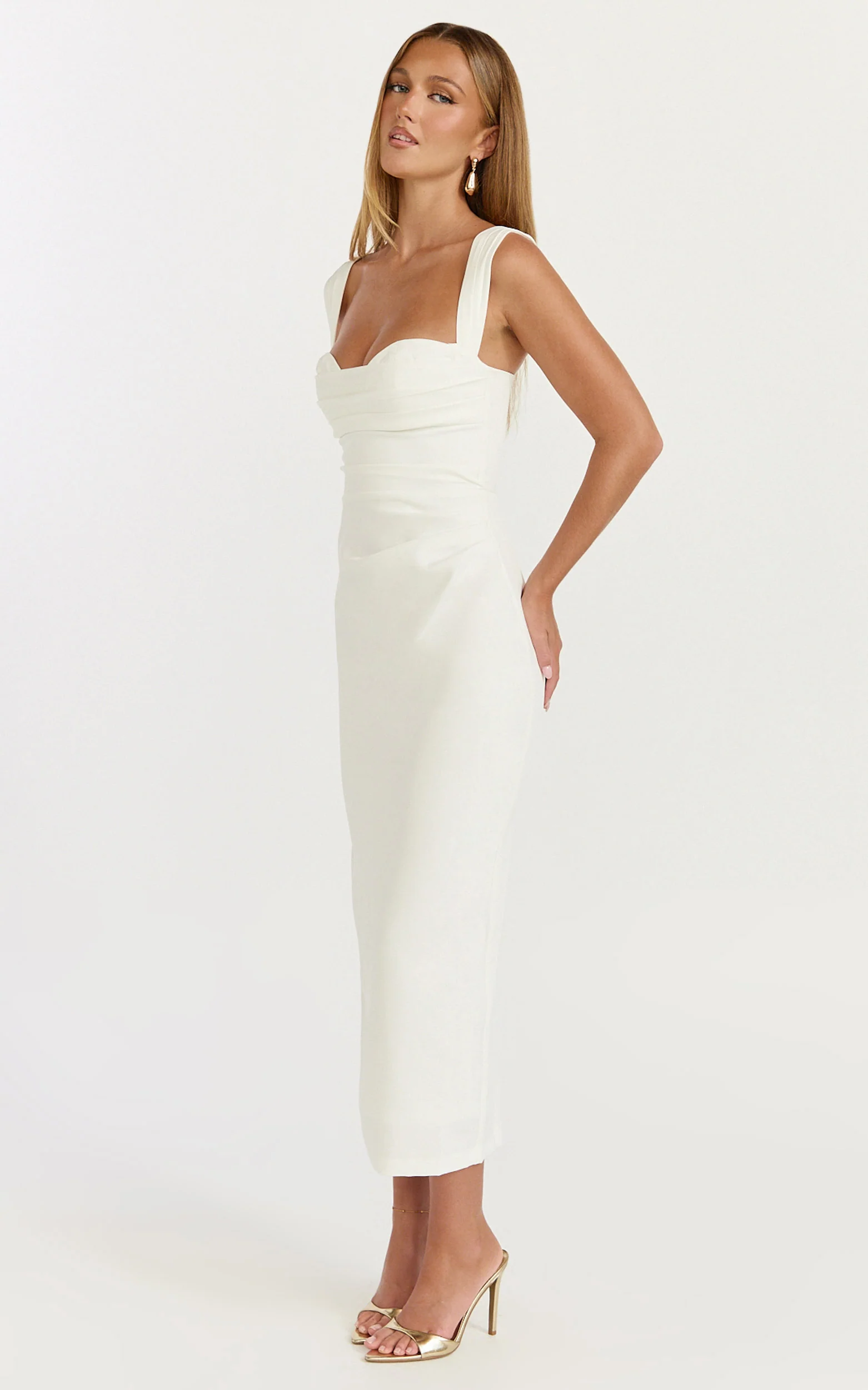 Kenna Midi Dress - Gathered Bust Tucked Waist Dress in Off White - Image 2